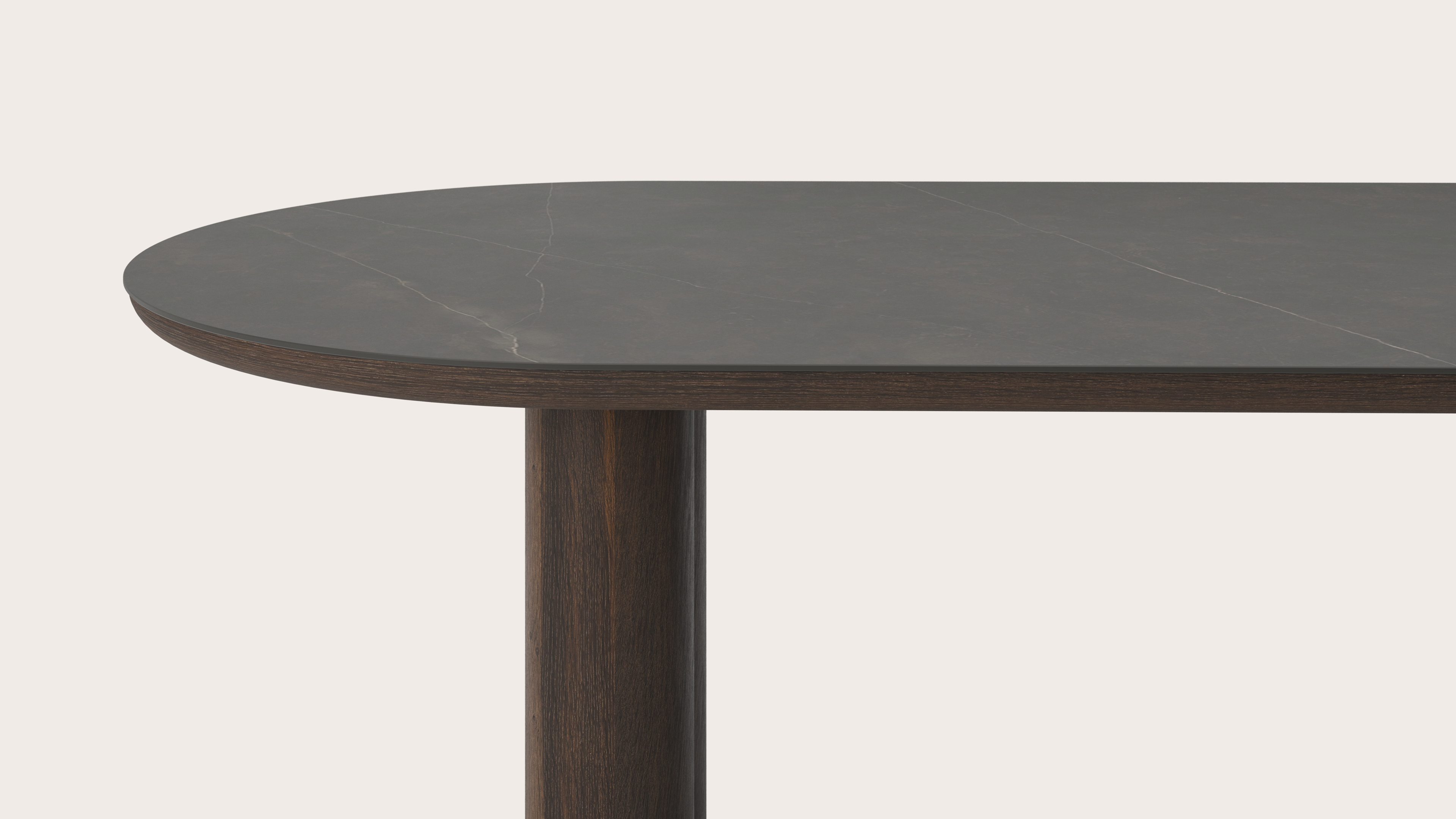 Table de salle à manger Amato Rondo armature en chêne fumé avec plateau Ceramo ovale plat en céramique en couleur Calatorao 220 x 110 x 76 cm