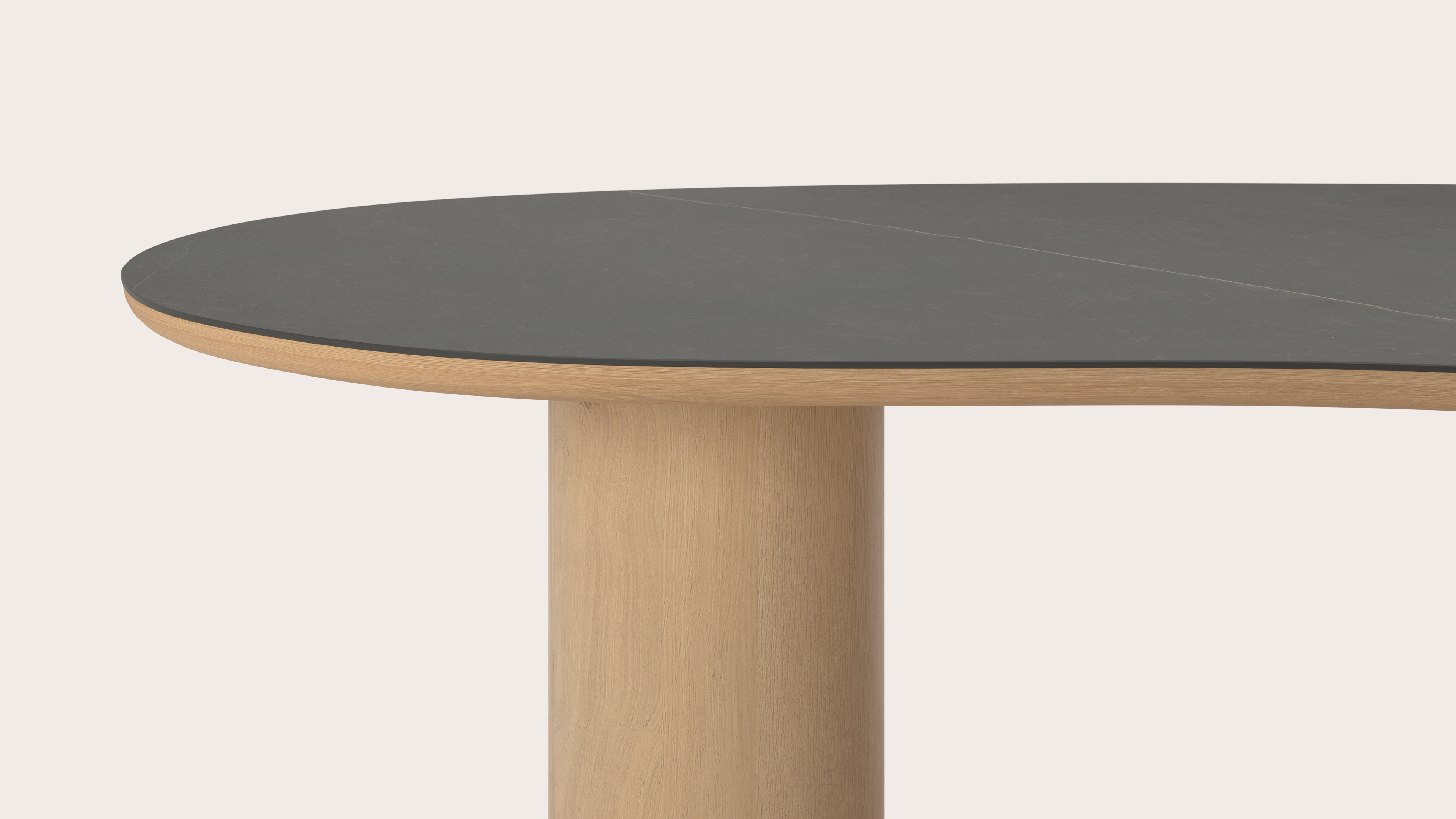Eettafel Amato Rondo onderstel in natuurkleurige eik met Blobvormig volkeramisch Ceramo blad in kleur Calatorao 260 x 117 x 77 cm