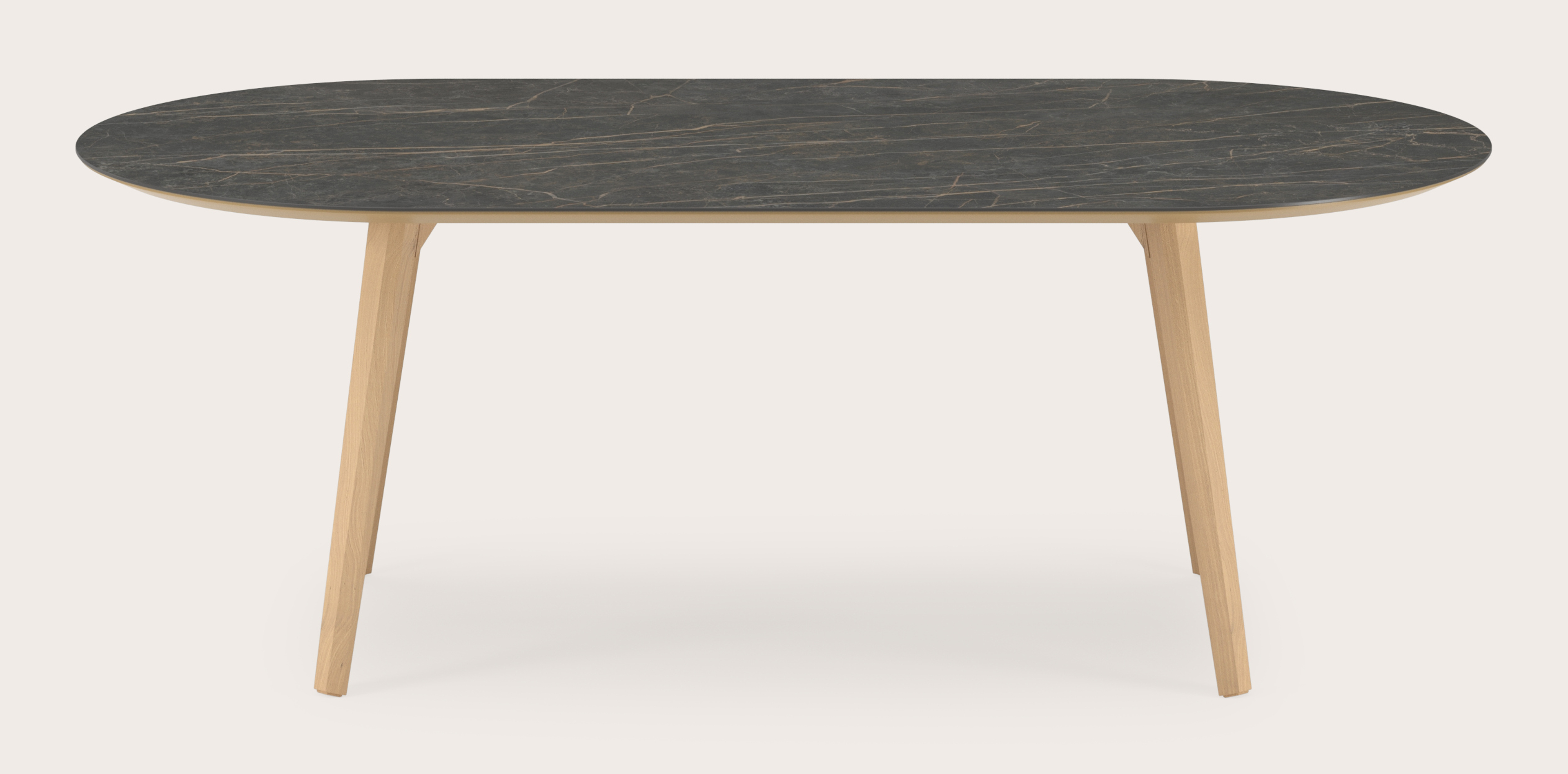 Eettafel Clino onderstel in natuurkleurige eik met plat ovaal volkeramisch Ceramo blad in kleur Black Obsession 220 x 110 x 77 cm