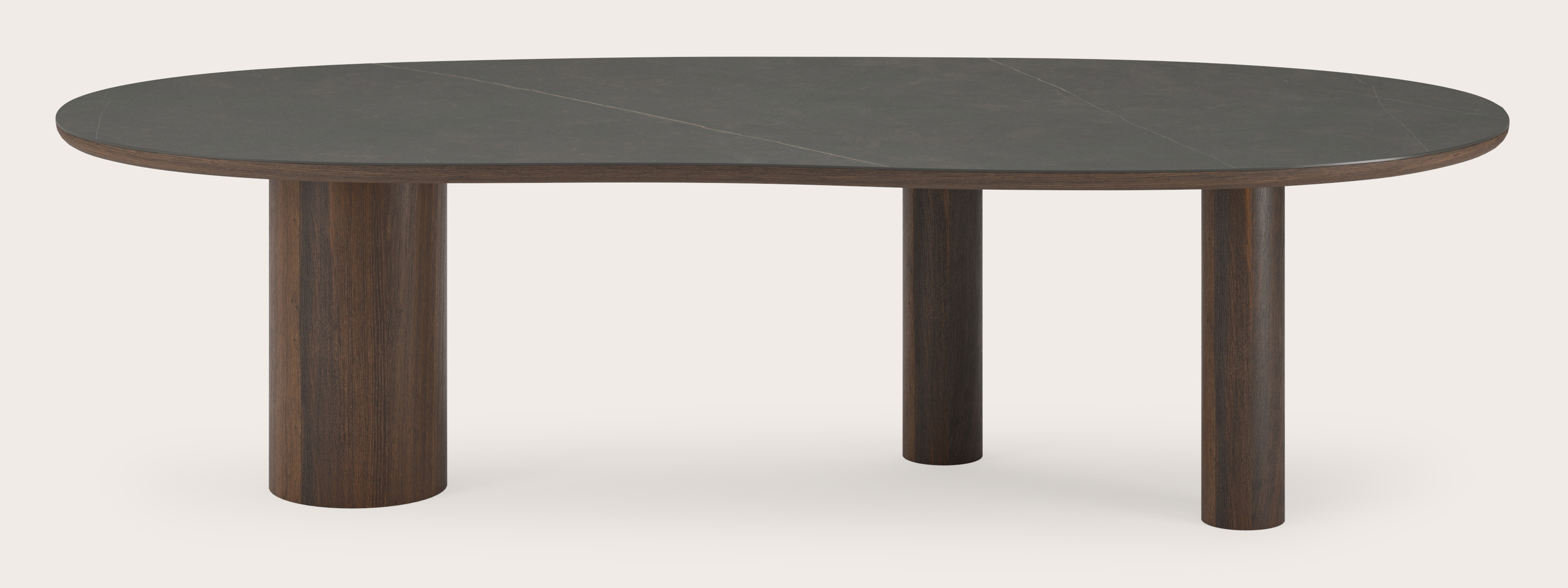 Eettafel Amato Rondo onderstel in gerookte eik met Blobvormig volkeramisch Ceramo blad in kleur Calatorao 300 x 122 x 77 cm