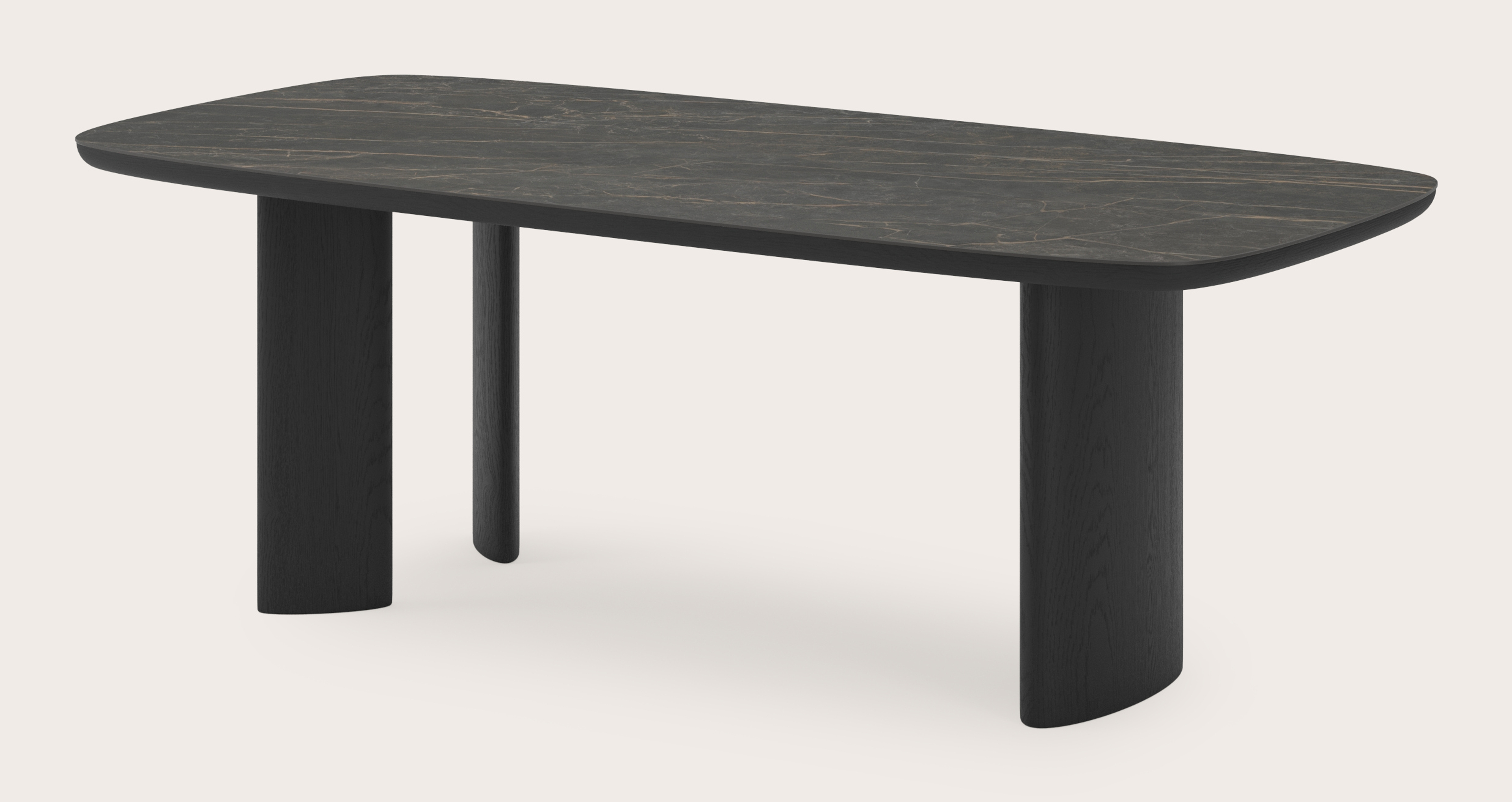 Table de salle à manger Amato Ellipso armature en chêne noir avec plateau Ceramo forme arrondie en céramique en couleur Black Obsession 220 x 105 x 76 cm