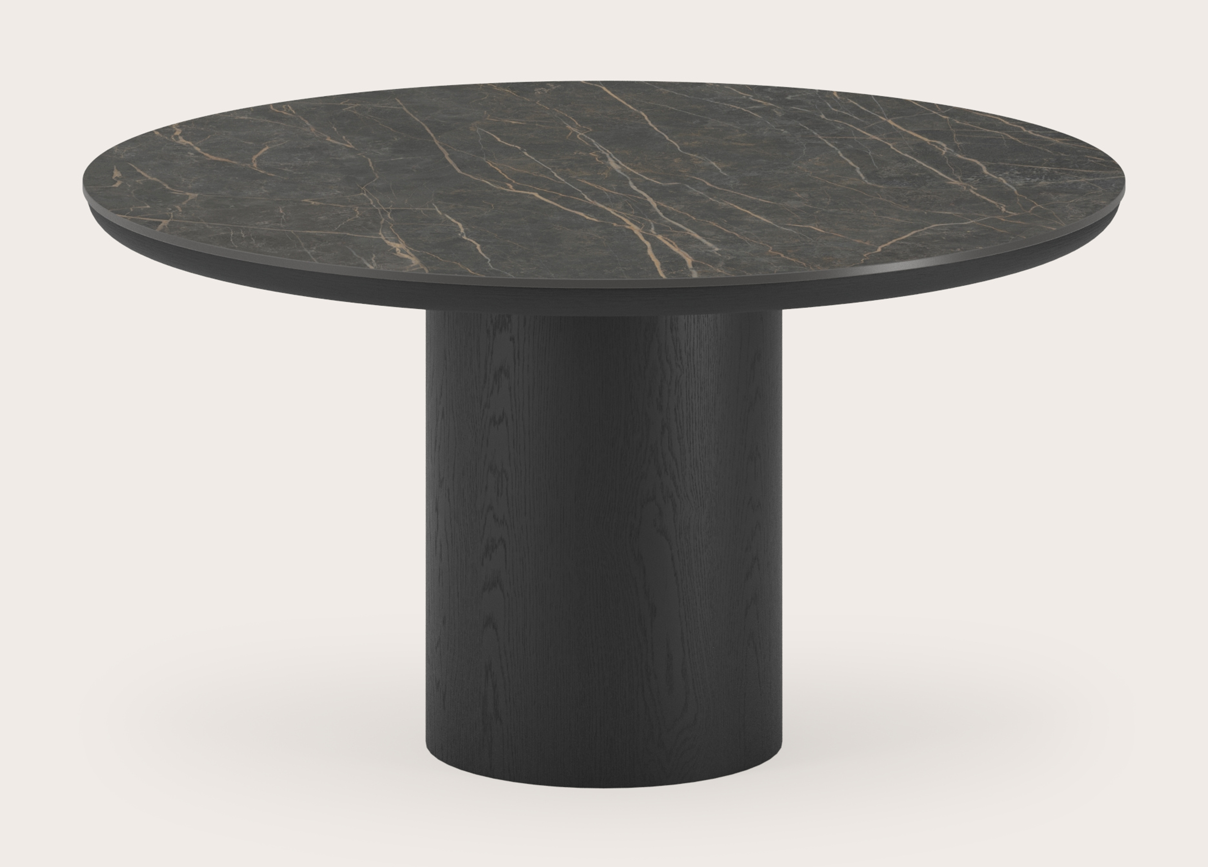 Eettafel Amato Rondo onderstel in zwarte eik met rond volkeramisch Ceramo blad in kleur Black Obsession Ø140 x 76 cm