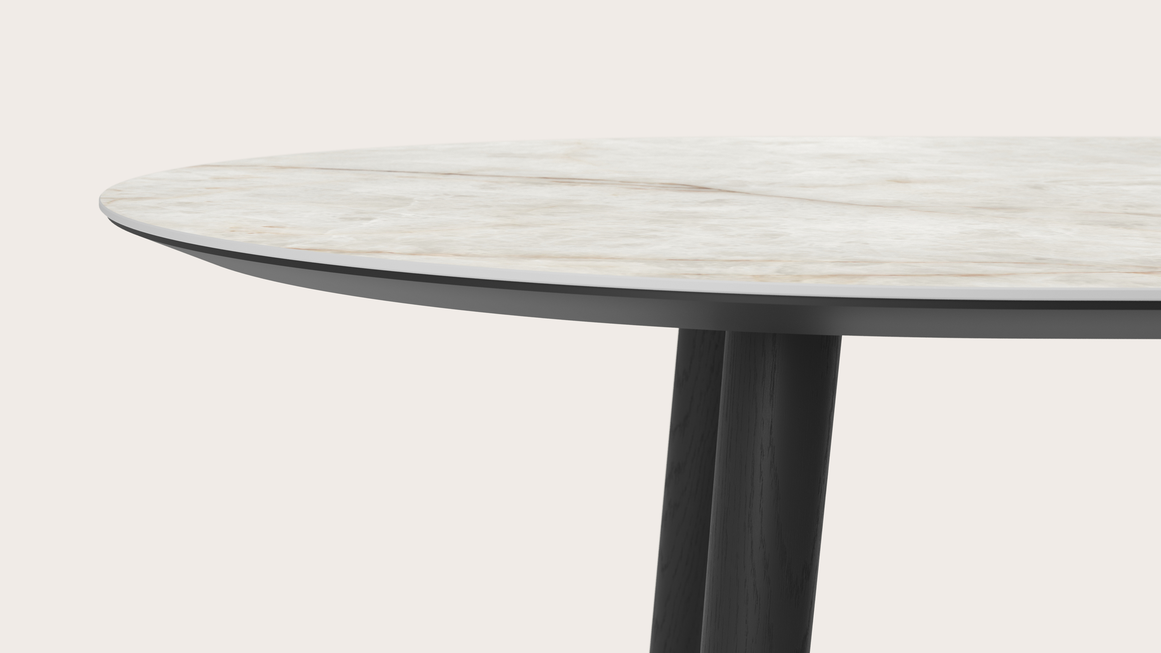 Eettafel Conico onderstel in zwarte eik met plat ovaal volkeramisch Ceramo blad in kleur Himalaya 300 x 120 x 77 cm