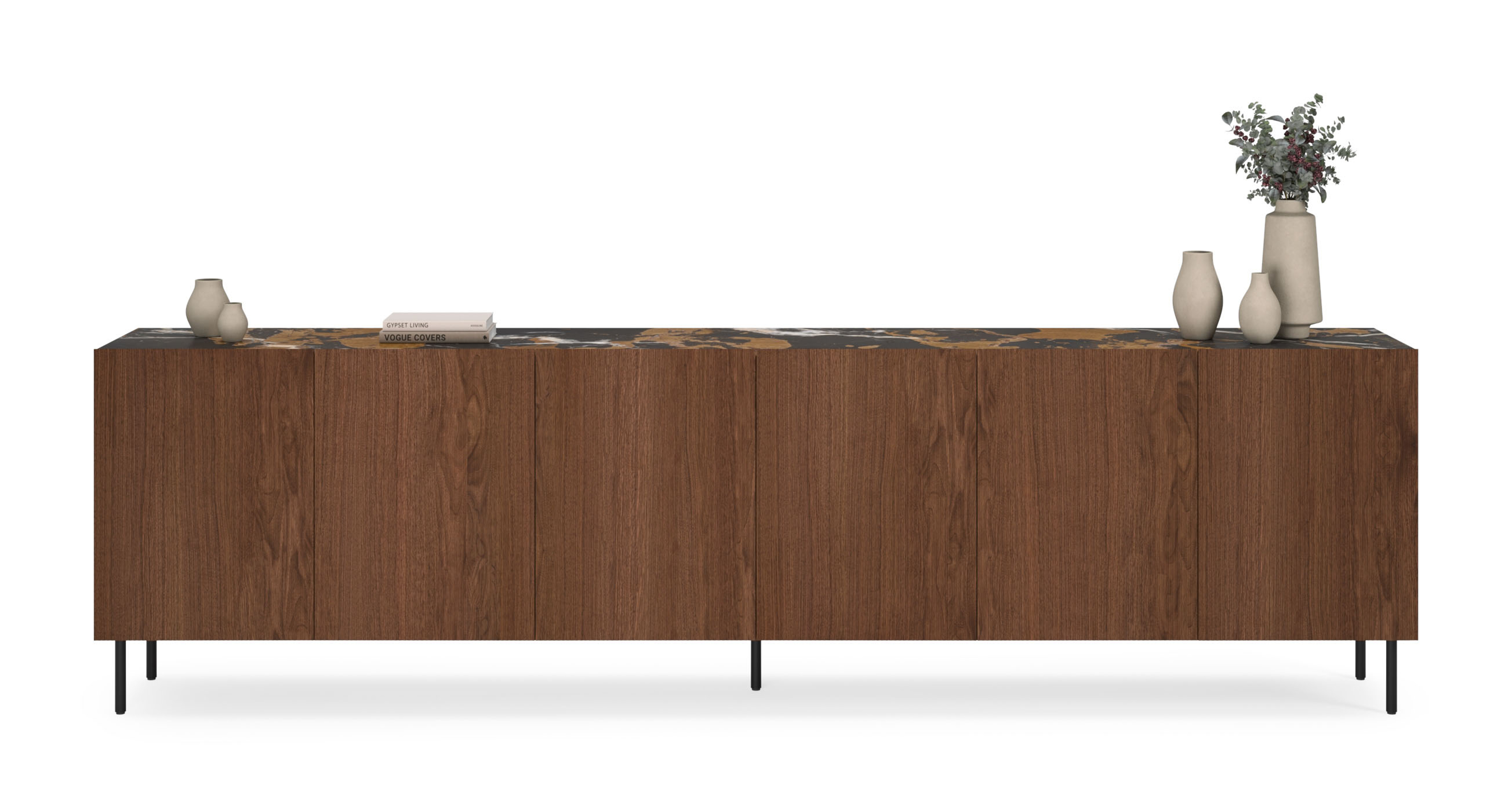 Buffet Grivolo en noyer avec pieds ronds avec plateau Pietro en marbre couleur Portoro Brown 299 x 45 cm