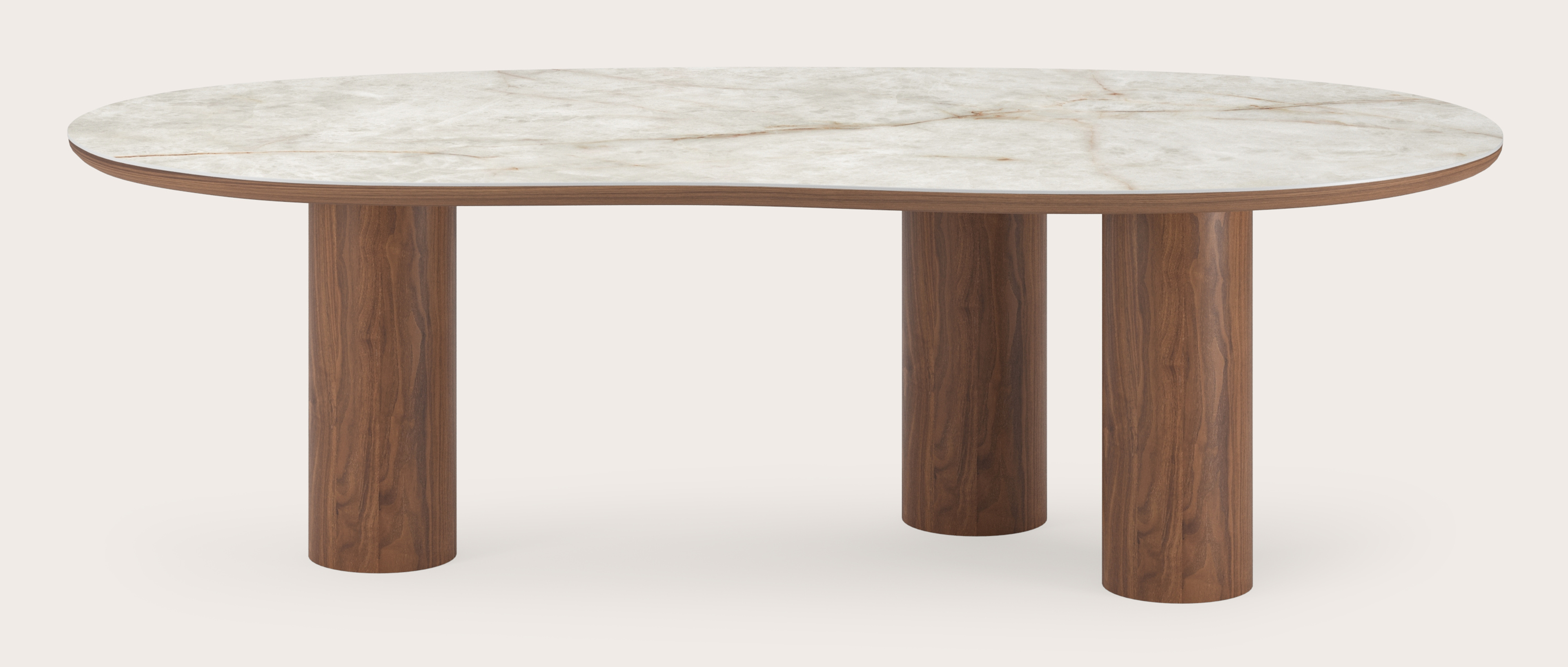 Table de salle à manger Amato Rondo armature en noyer avec plateau Ceramo forme blob en céramique en couleur Himalaya 260 x 117 x 77 cm