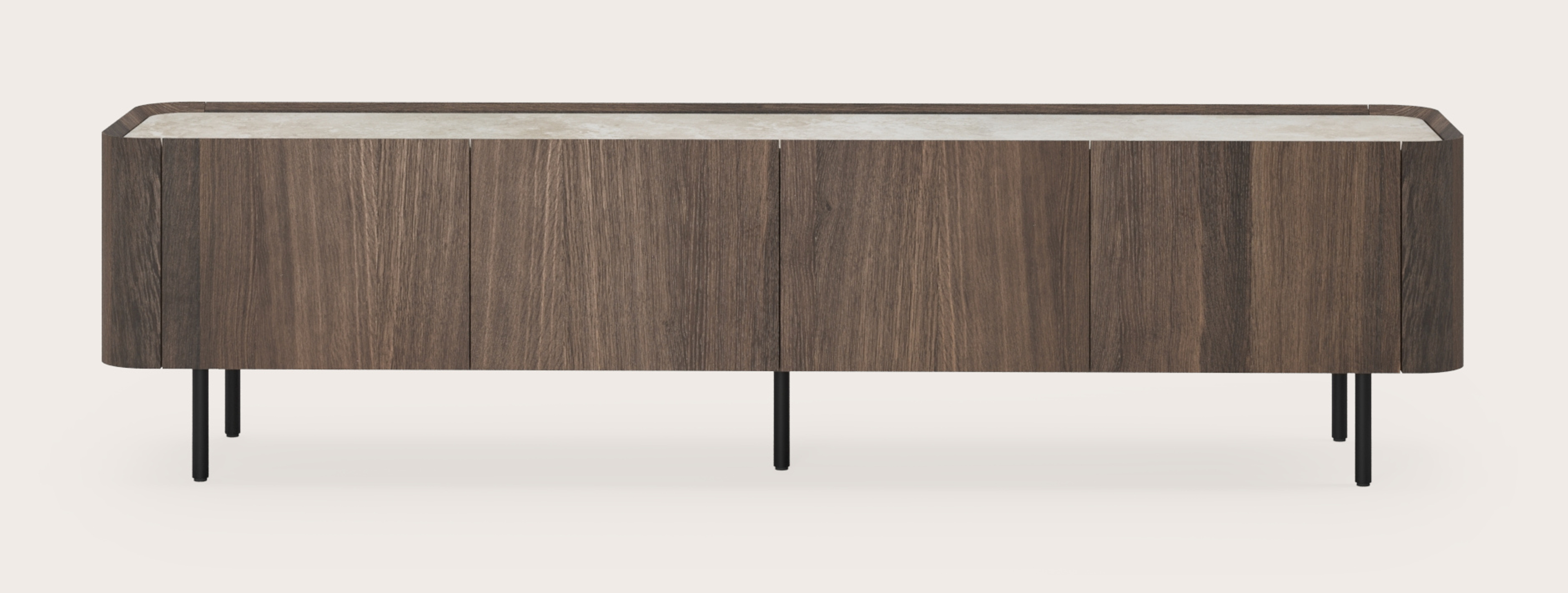 Meuble tv Curvato en chêne fumé avec pieds ronds en métal avec plateau Ceramo en céramique en couleur Rapolano 203 x 45 x 52 cm