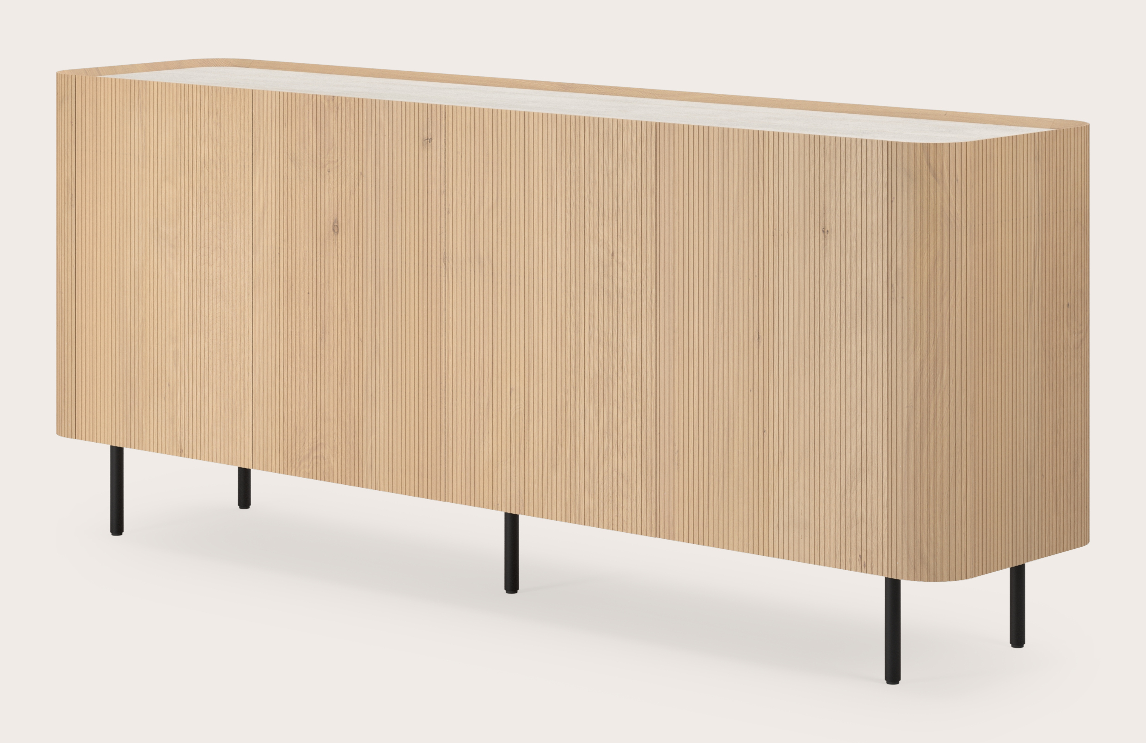 Buffet Grivato en chêne couleur naturelle avec pieds ronds avec plateau Ceramo rond en céramique en couleur Travertino Bianco 203 x 45 cm