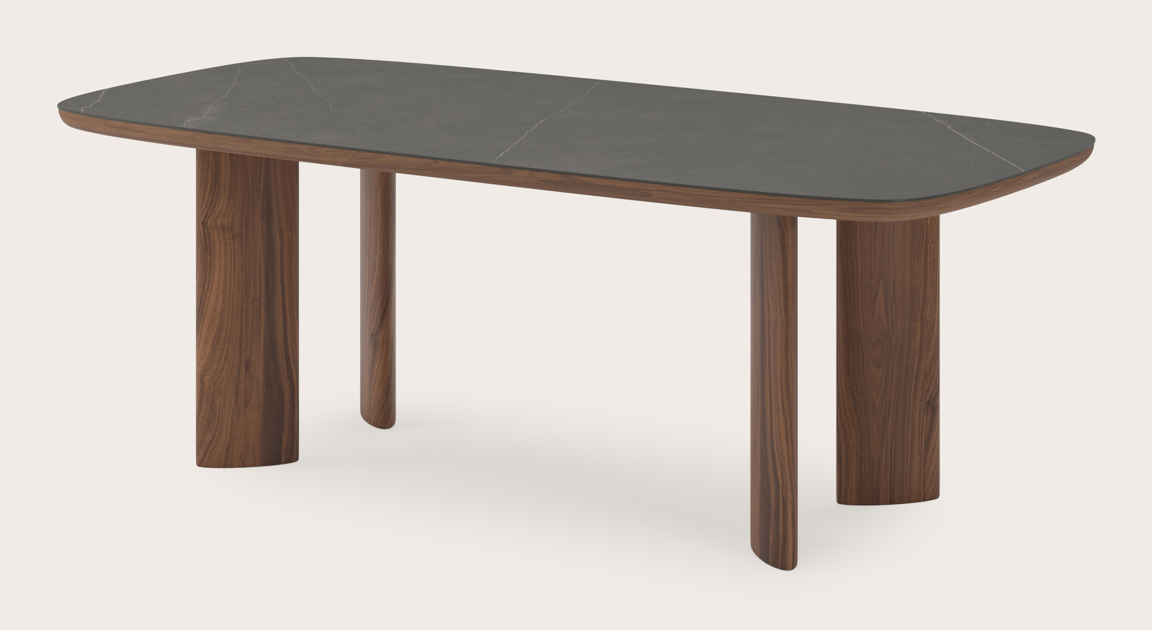 Eettafel Amato Ellipso onderstel in walnoot met bootvormig volkeramisch Ceramo blad in kleur Calatorao 220 x 105 x 76 cm