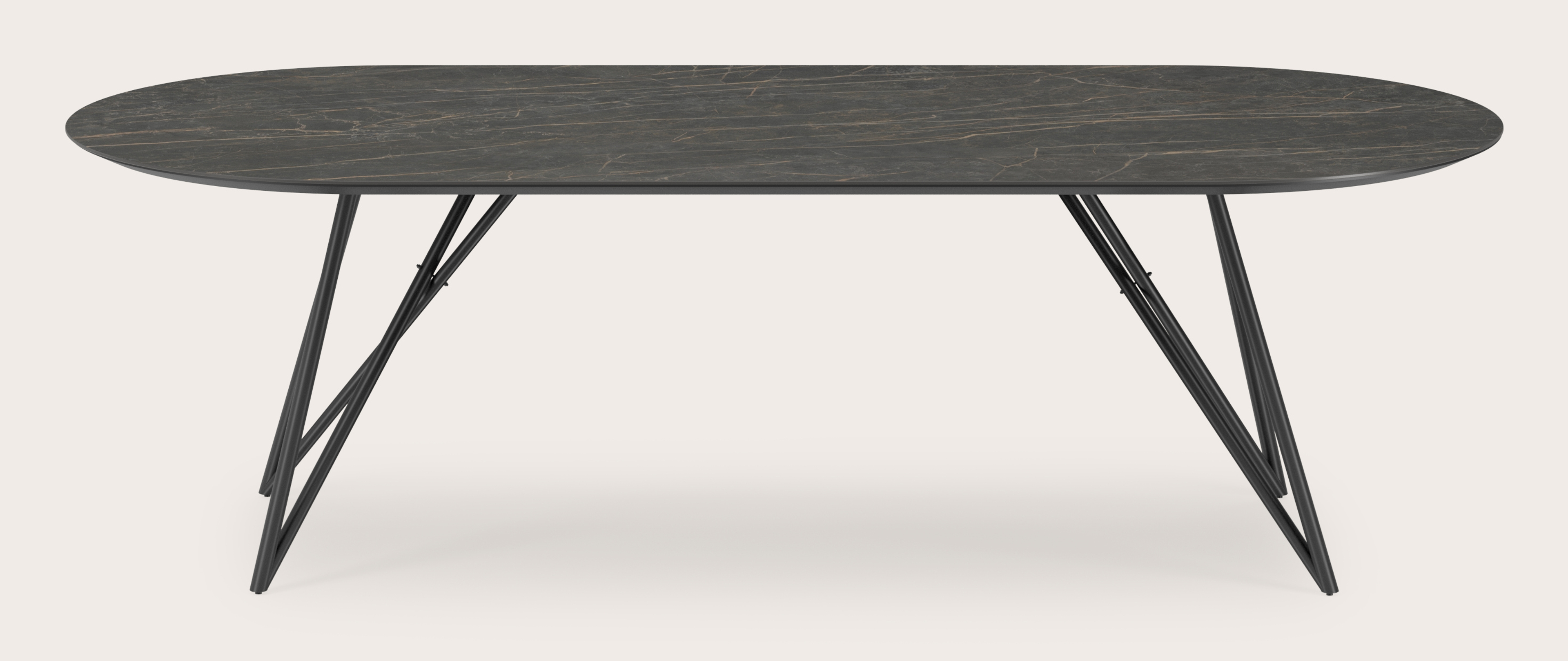 Table de salle à manger Ragno armature en métal noir avec plateau Ceramo ovale plat en céramique en couleur Black Obsession 260 x 115 x 77 cm 