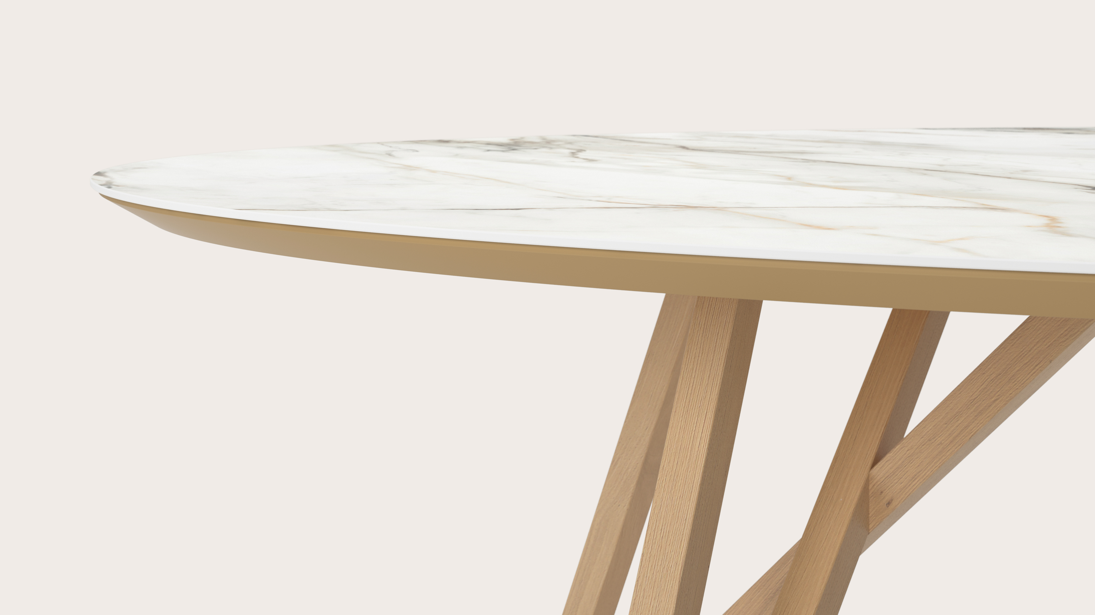 Eettafel Ragno onderstel in natuurkleurige eik met ovaal volkeramisch Ceramo blad in kleur Calacatta Luxe 260 x 130 x 76 cm