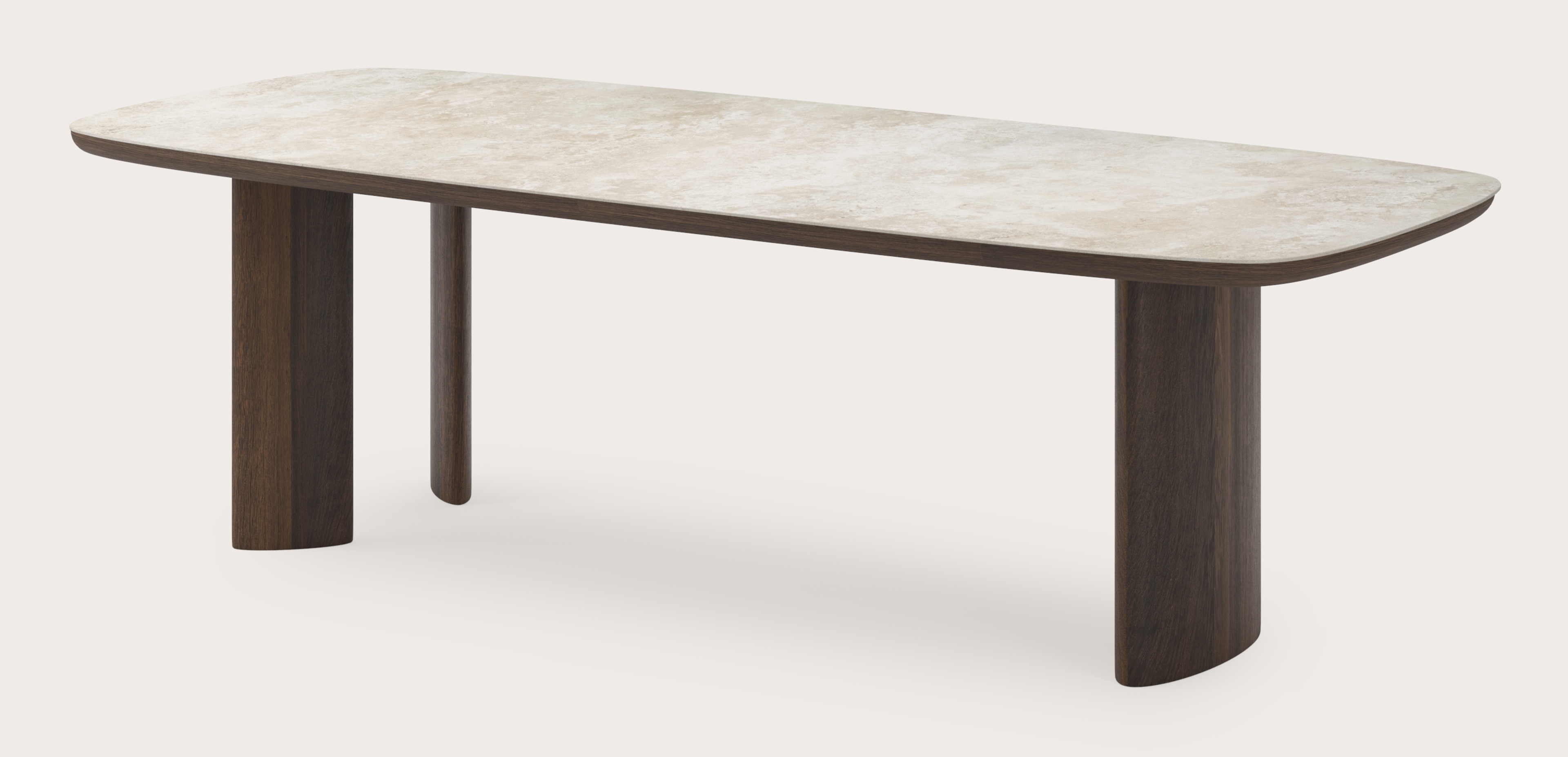 Eettafel Amato Ellipso onderstel in gerookte eik met bootvormig volkeramisch Ceramo blad in kleur Rapolano 260 x 110 x 76 cm