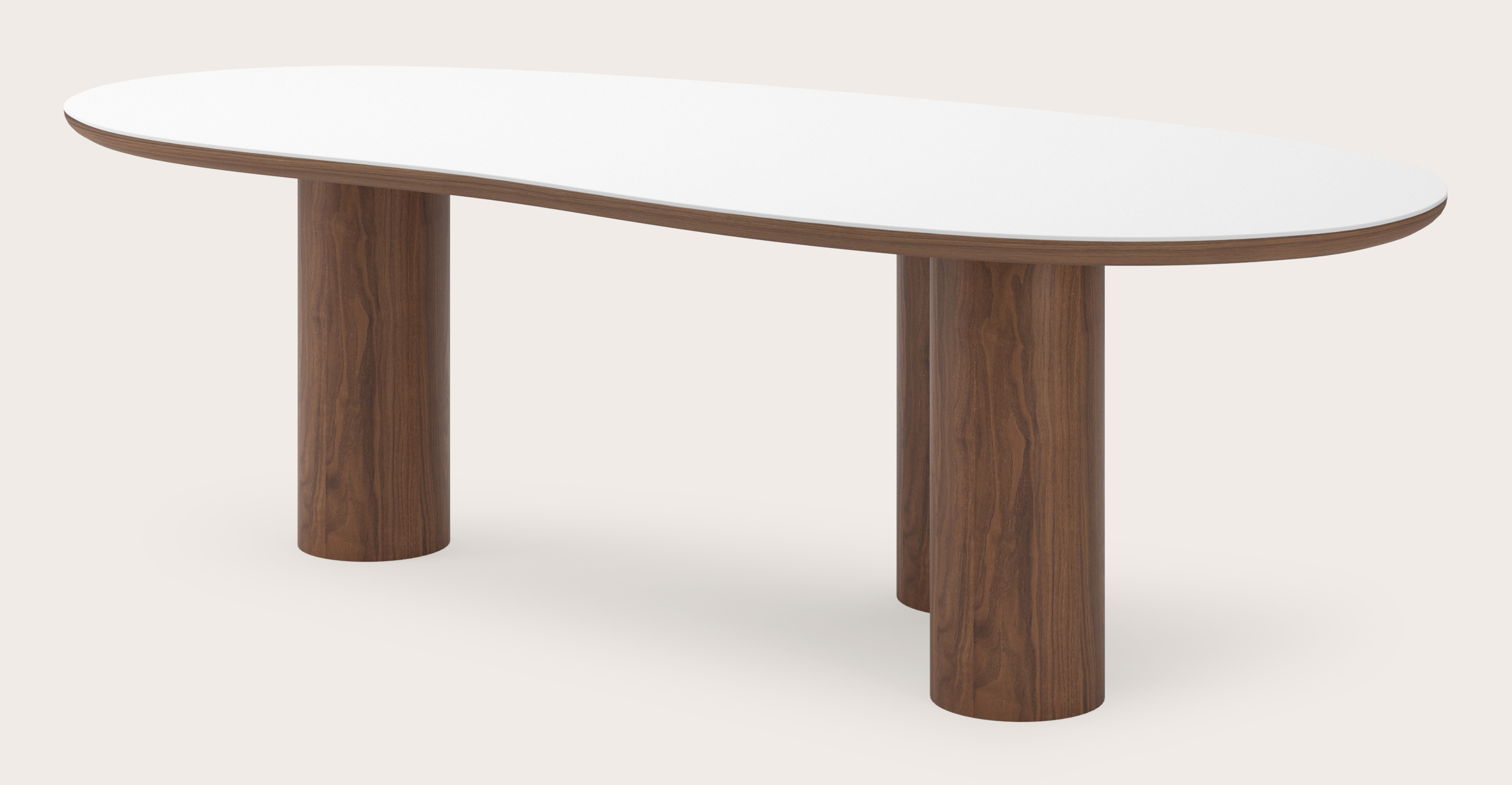 Table de salle à manger Amato Rondo armature en noyer avec plateau Ceramo forme blob en céramique en couleur Arctic White 260 x 117 x 77 cm