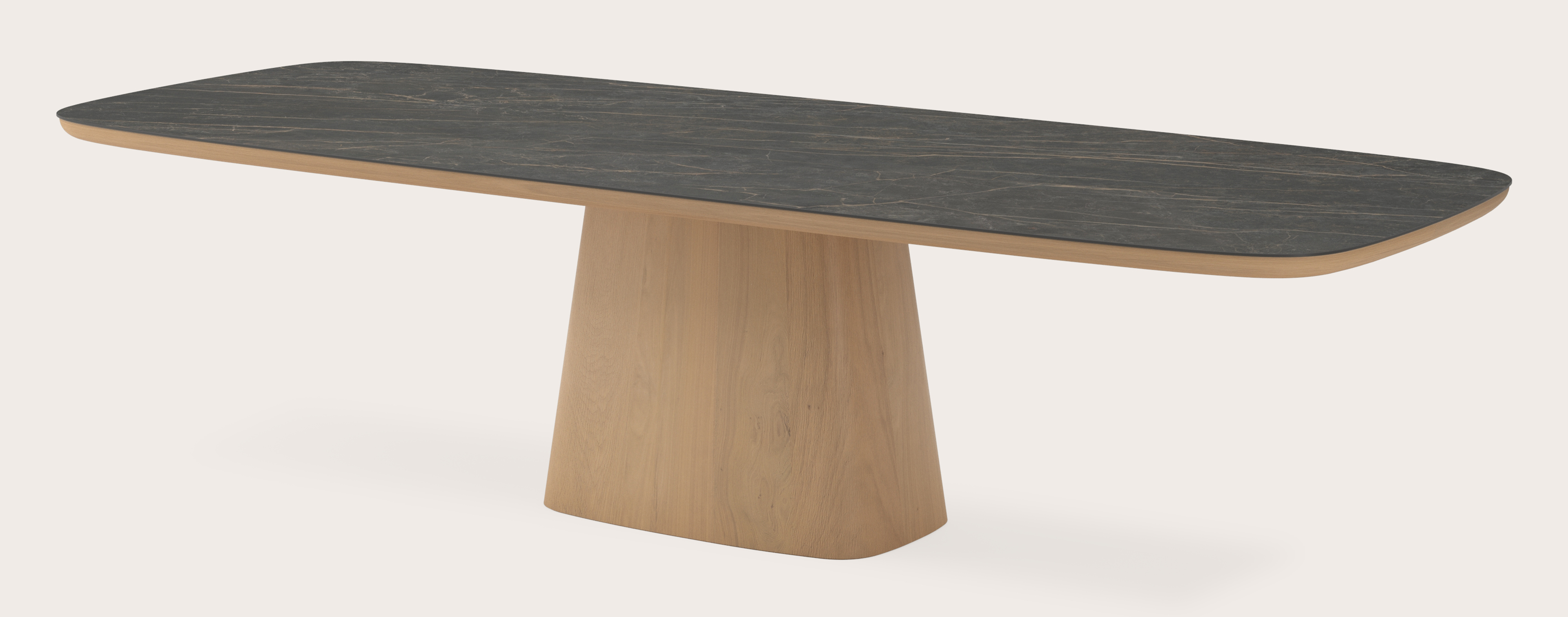 Eettafel Amato Cuadro onderstel in natuurkleurige eik met Bootvormig volkeramisch Ceramo blad in kleur Black Obsession 300 x 115 x 77 cm