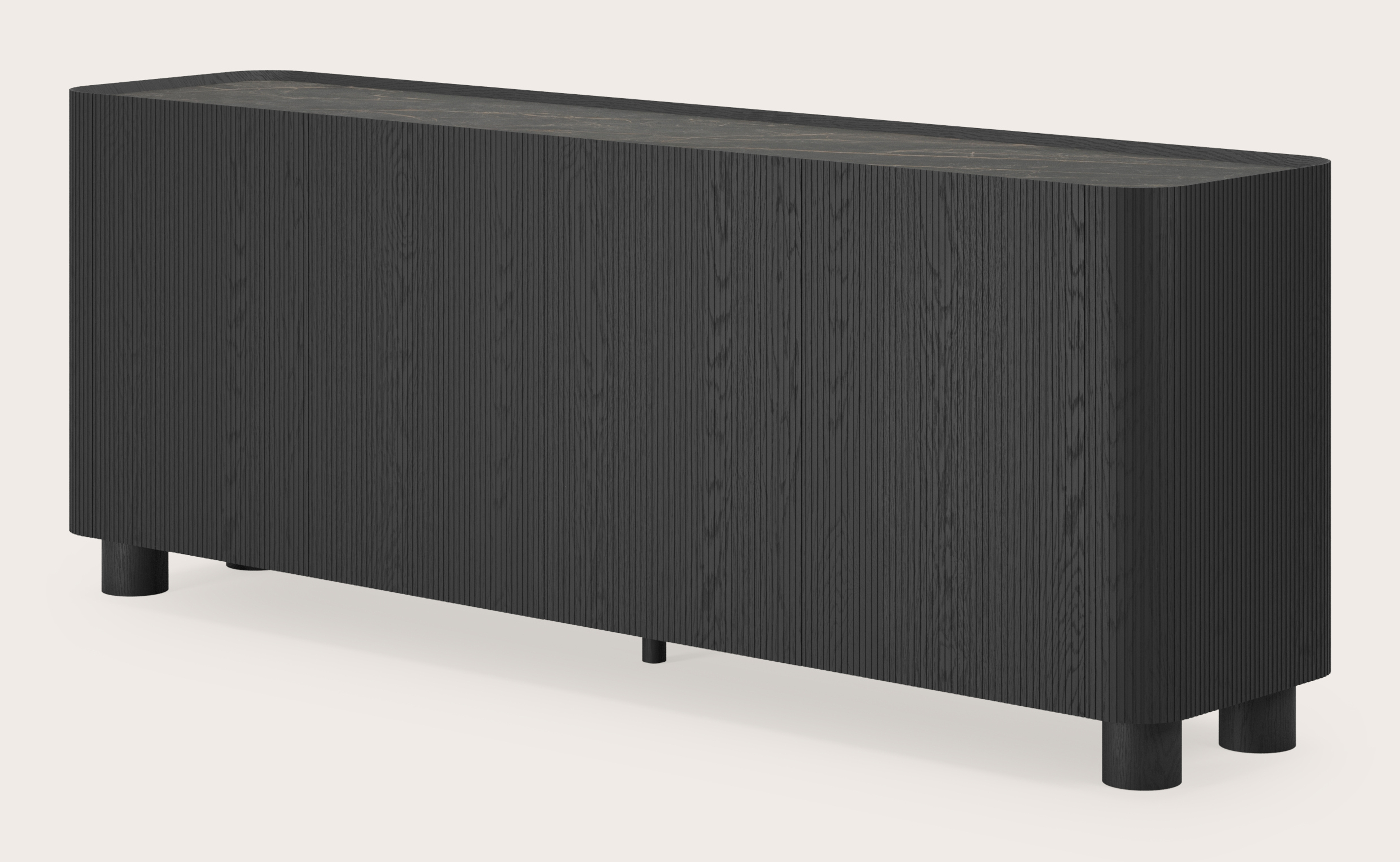 Buffet Grivato en chêne noir avec pieds ronds avec plateau Ceramo rond en céramique en couleur Black Obsession 203 x 45 cm