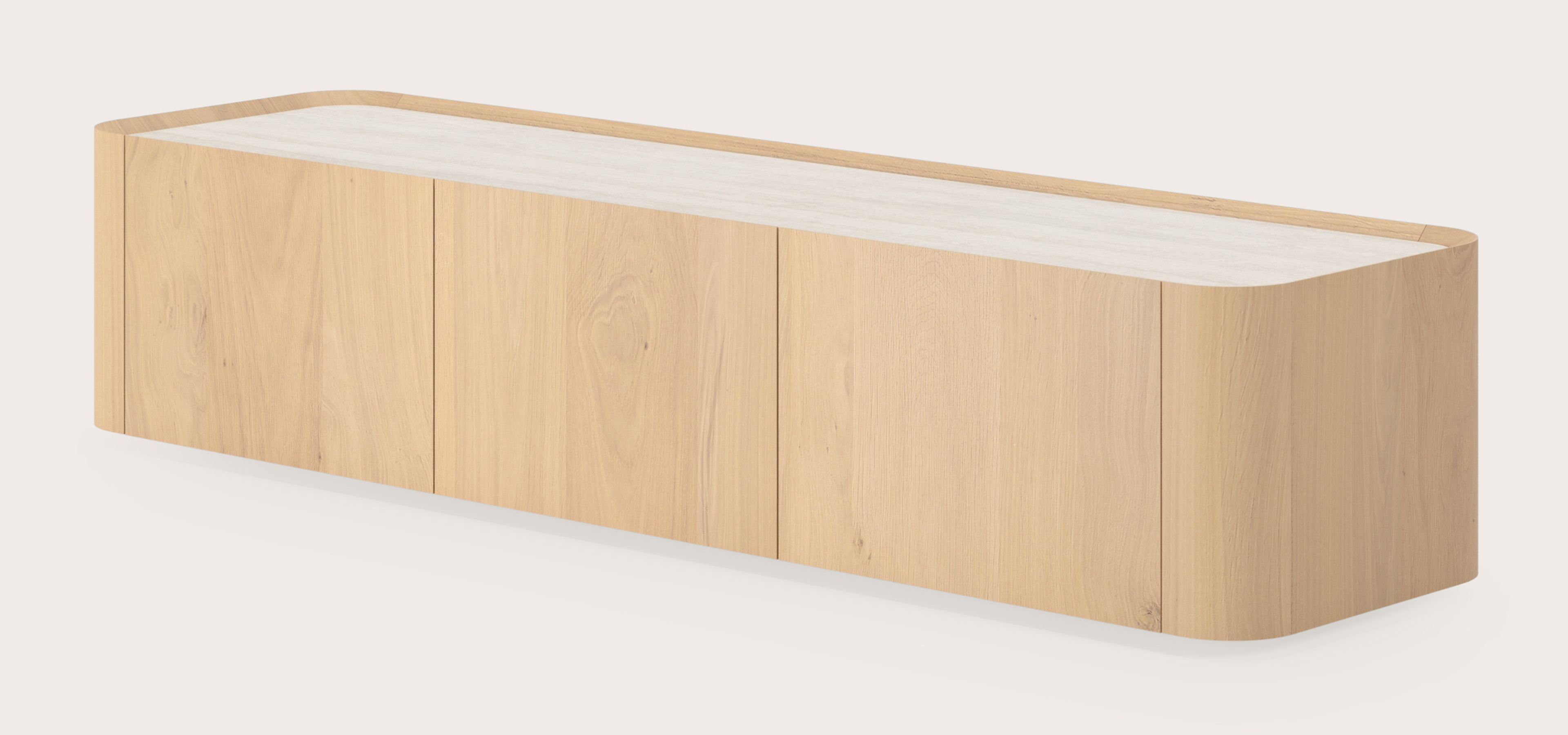 Curvato tv-meubel in natuurkleurige eik met volkeramisch Ceramo blad in kleur Travertino Bianco 169 x 45 x 34 cm
