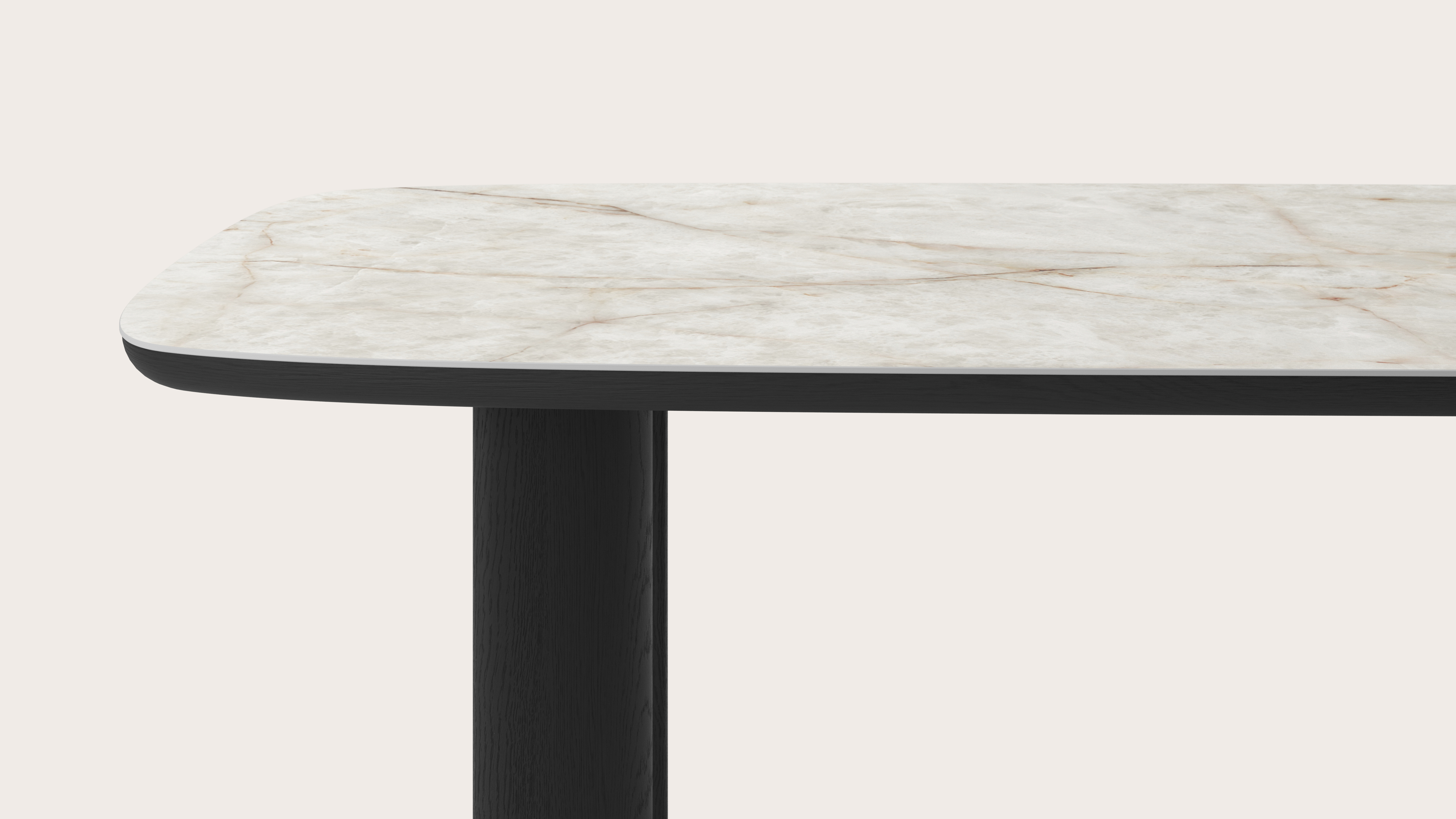 Eettafel Amato Ellipso onderstel in zwarte eik met bootvormig volkeramisch Ceramo blad in kleur Himalaya 220 x 105 x 76 cm