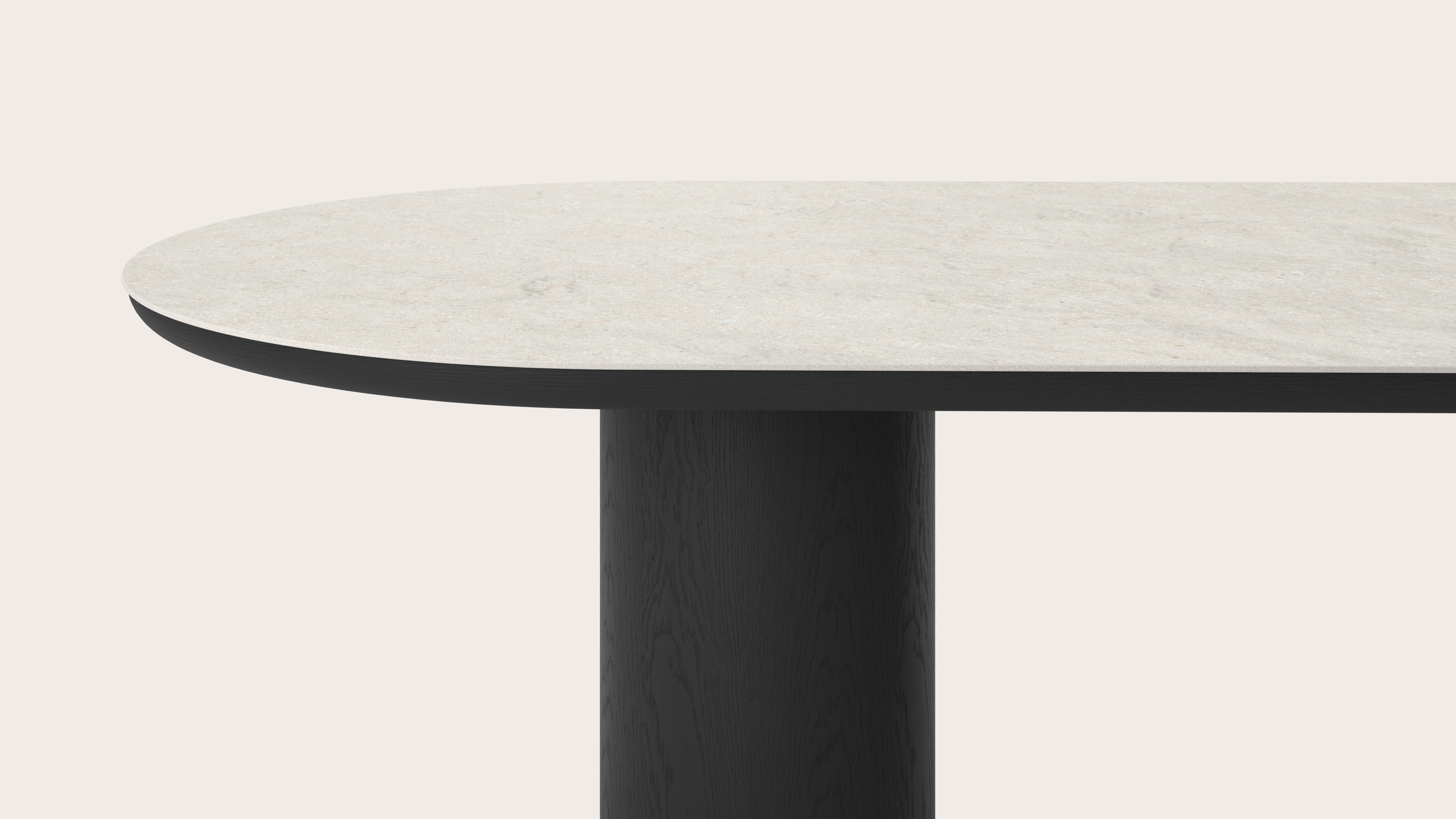 Eettafel Amato Rondo onderstel in zwarte eik met plat ovaal volkeramisch Ceramo blad in kleur Shilin 260 x 115 x 76 cm