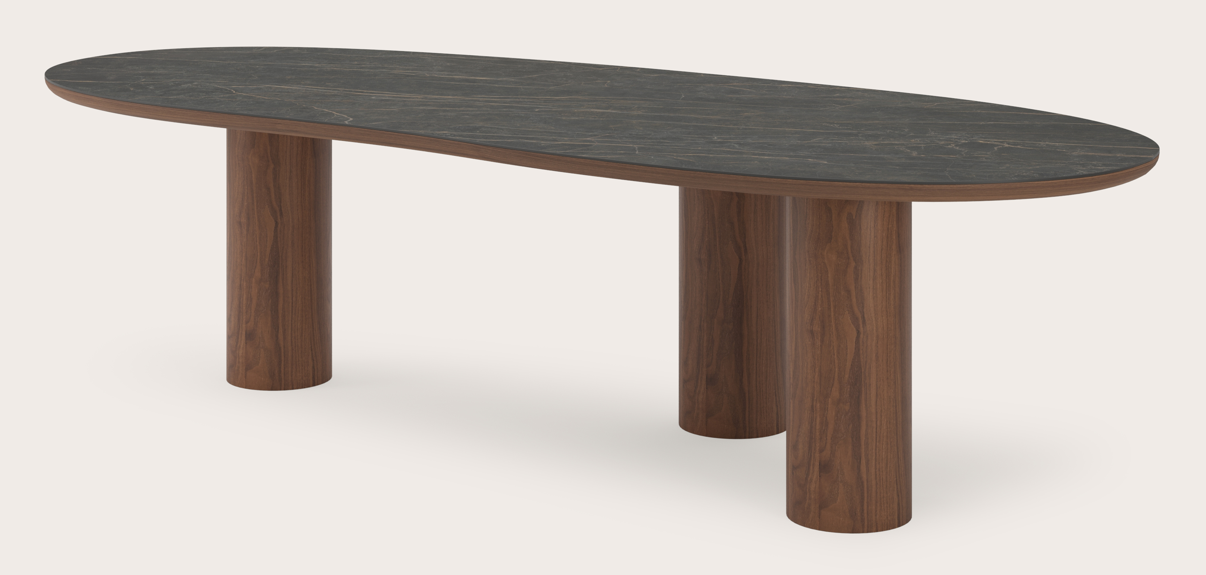 Eettafel Amato Rondo onderstel in walnoot met Blobvormig volkeramisch Ceramo blad in kleur Black Obsession 300 x 122 x 77 cm