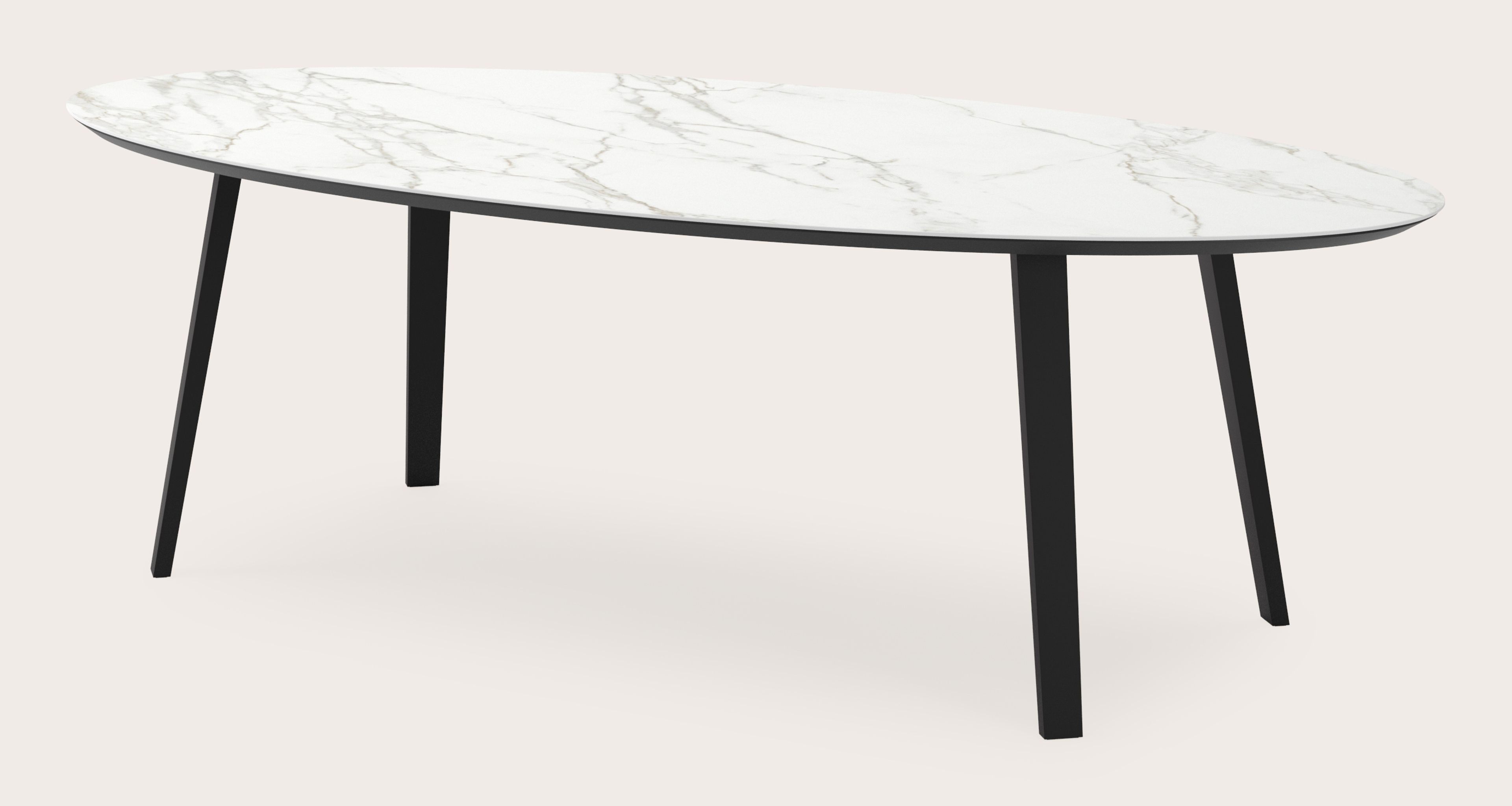 Eettafel Clino onderstel in zwart metaal met ovaal volkeramisch Ceramo blad in kleur Calacatta 260 x 130 x 77 cm
