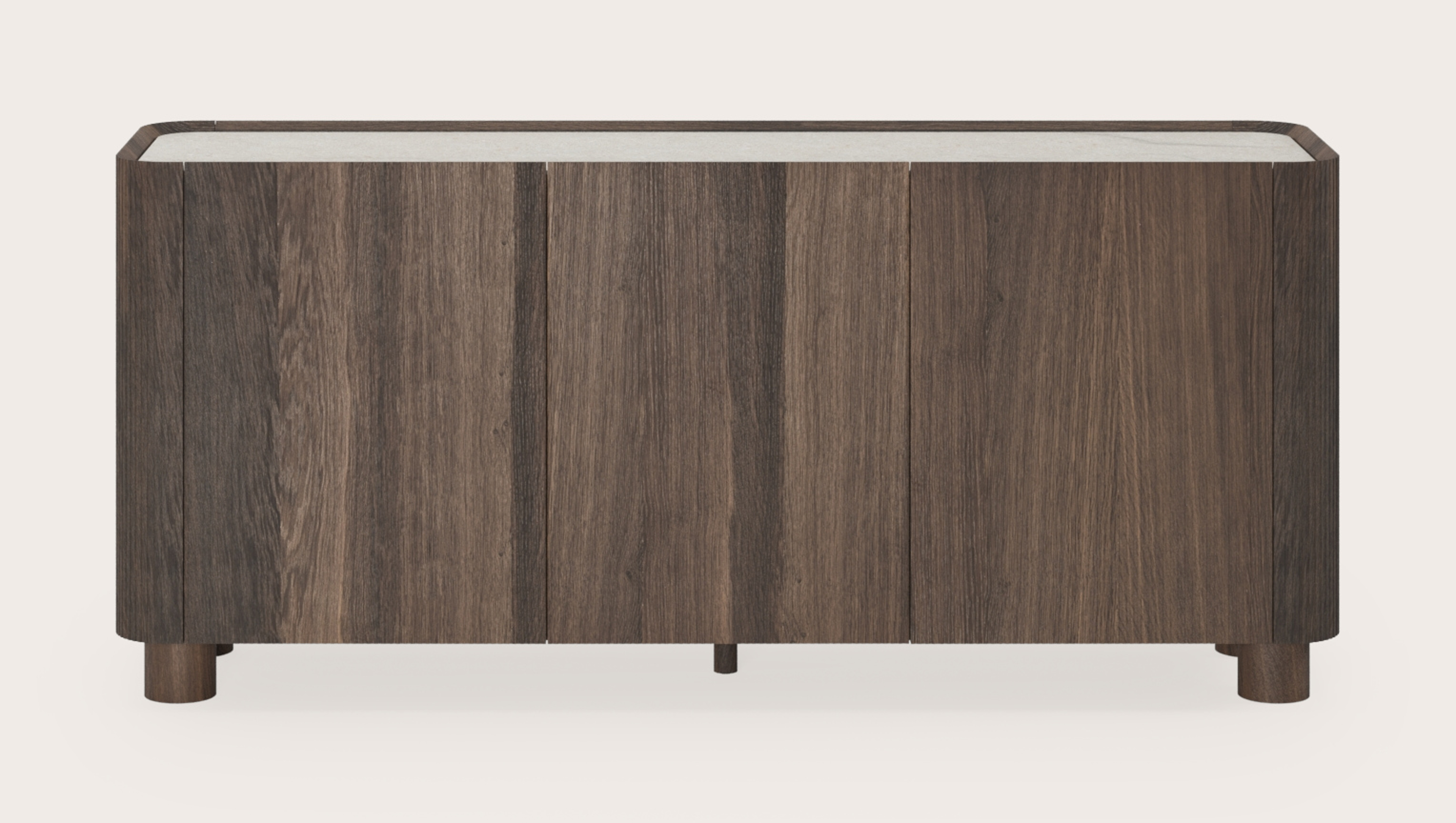 Grivato dressoir in gerookte eik met ronde houten poten met volkeramisch Ceramo blad in kleur Shilin 169 x 45 x 76 cm