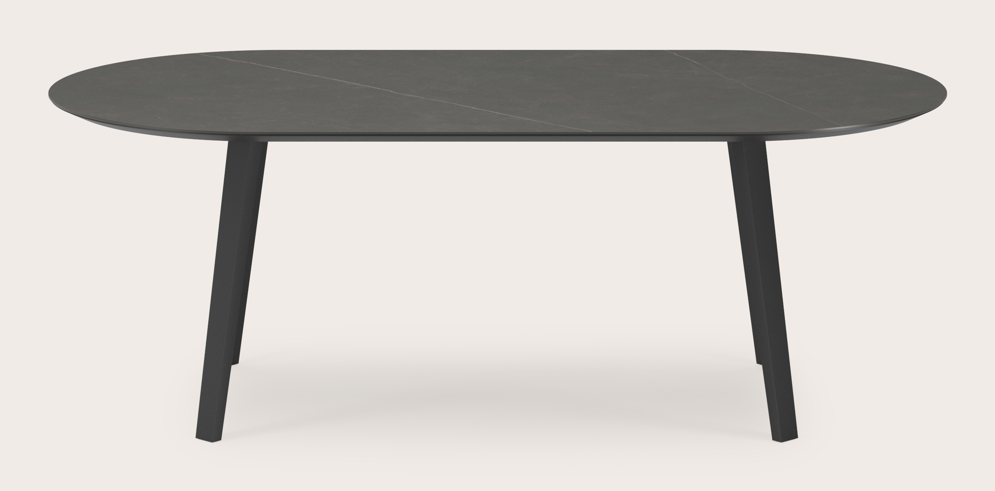 Eettafel Clino onderstel in zwart metaal met plat ovaal volkeramisch Ceramo blad in kleur Calatorao 220 x 110 x 77 cm