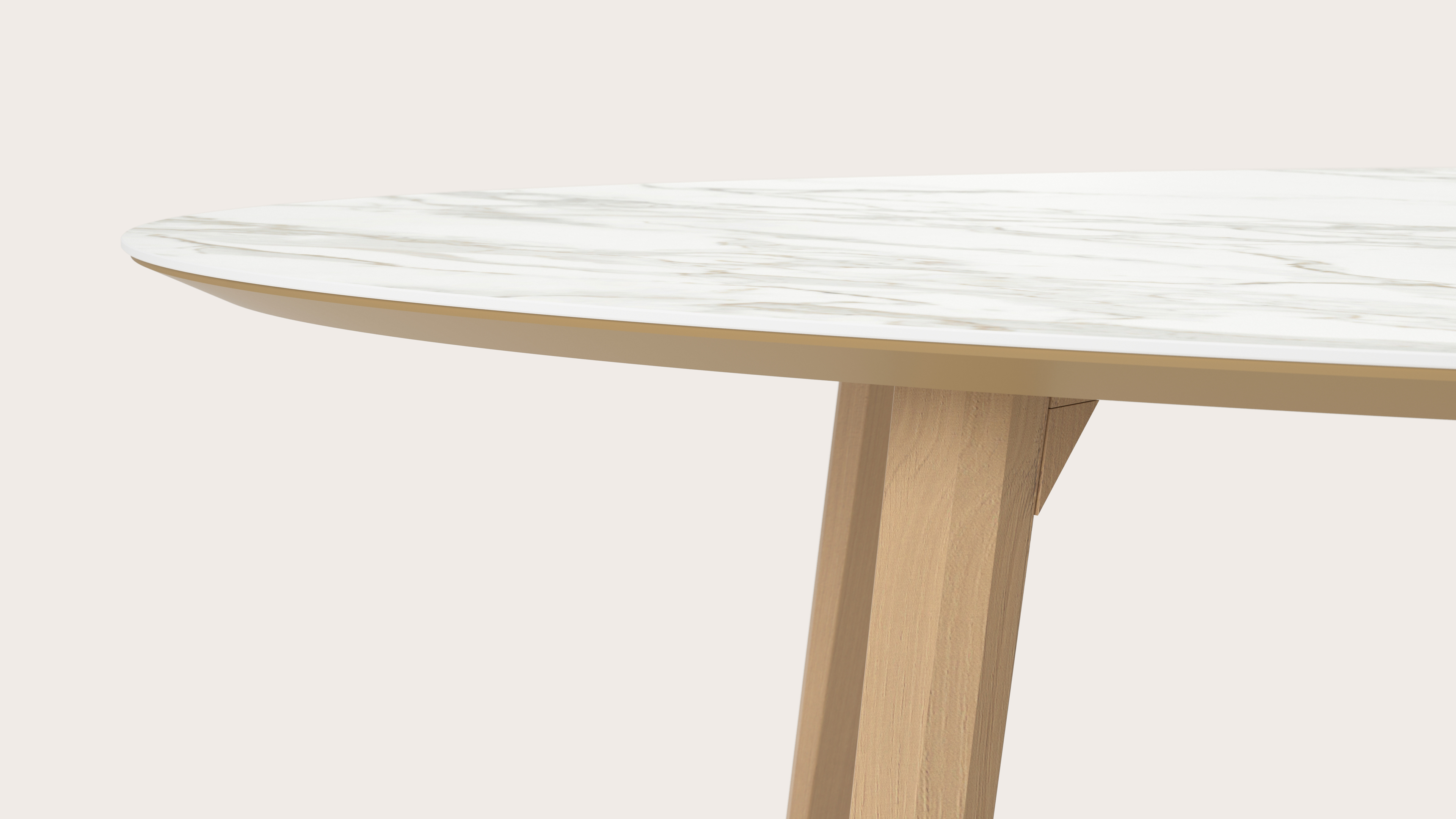 Eettafel Clino onderstel in natuurkleurige eik met ovaal volkeramisch Ceramo blad in kleur Calacatta 300 x 140 x 77 cm