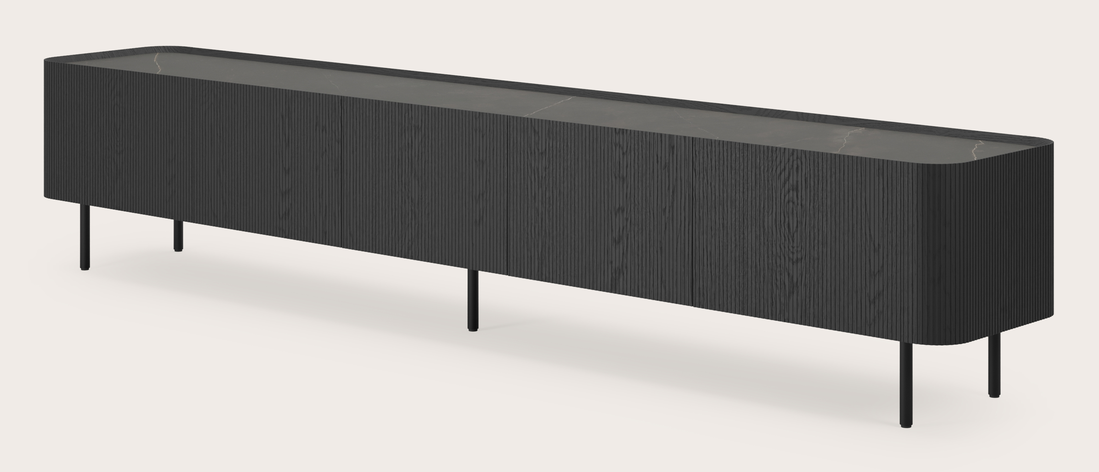 Grivato tv-meubel in zwarte eik met ronde poten met volkeramisch Ceramo blad in kleur Calatorao 269 x 45 cm