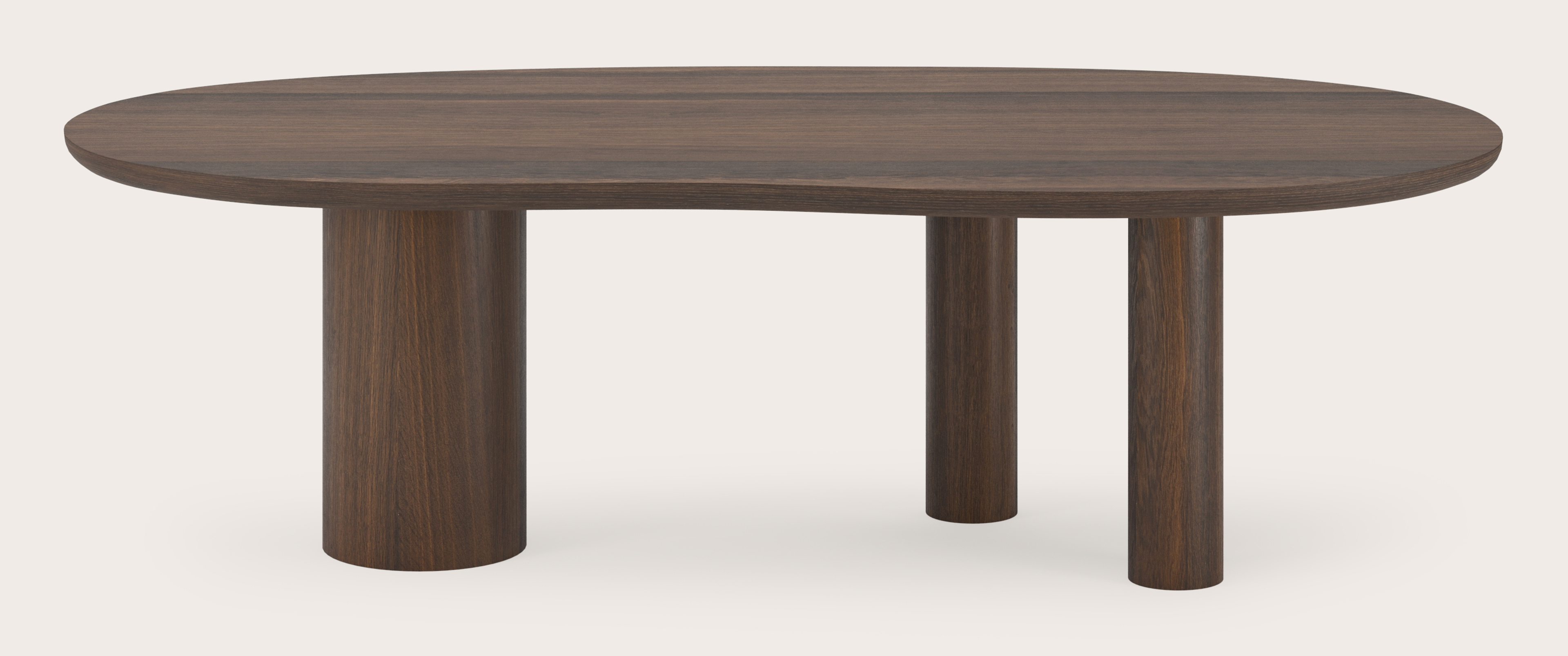 Eettafel Amato Rondo onderstel met blobvormig Amato blad in gerookte eik  260 x 117 x 76 cm