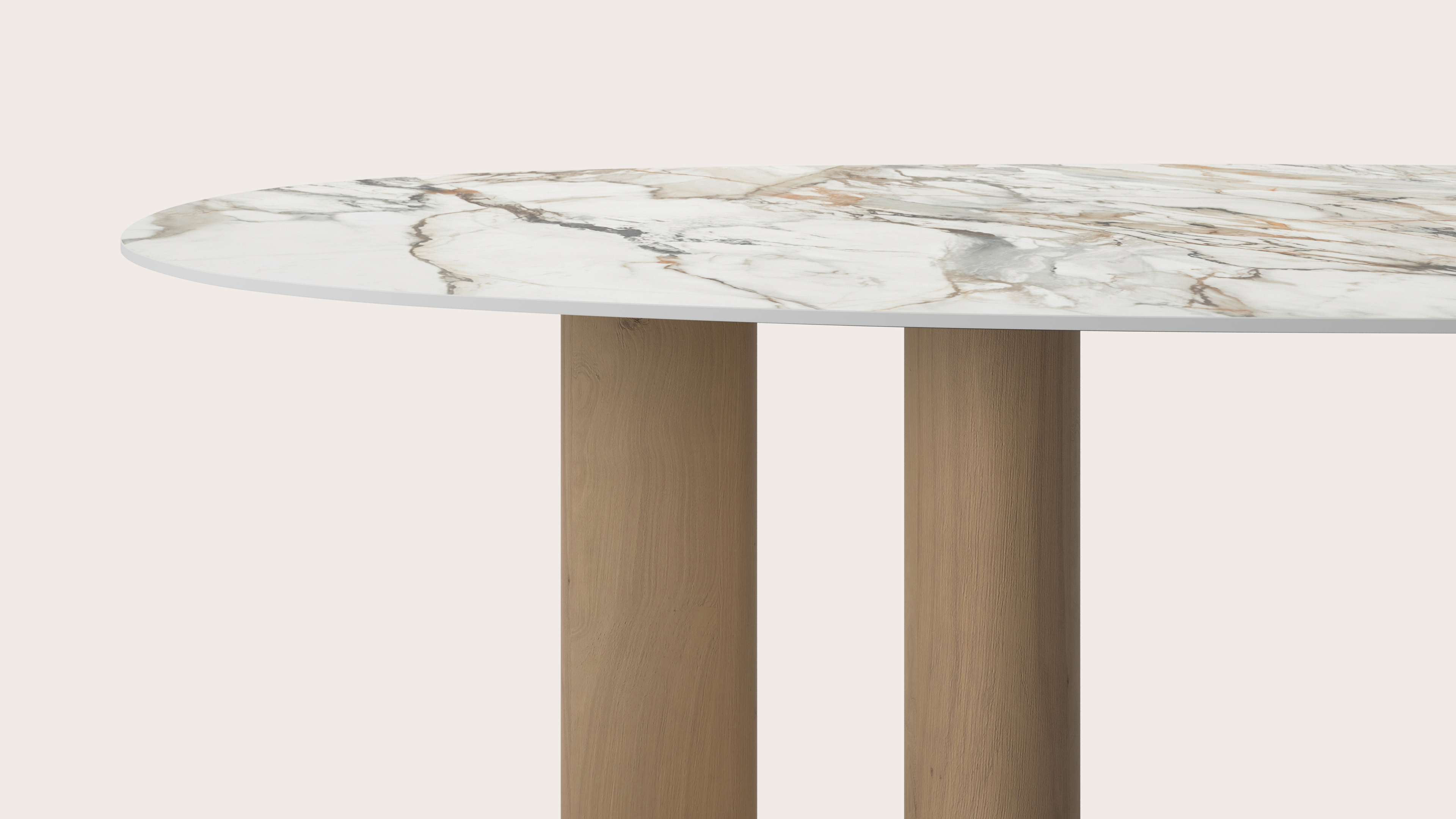 Table à manger Volanto armature en chêne naturel avec plateau ovale organique céramique Ceramo Lux en couleur Calacatta Luxe 260x130 cm