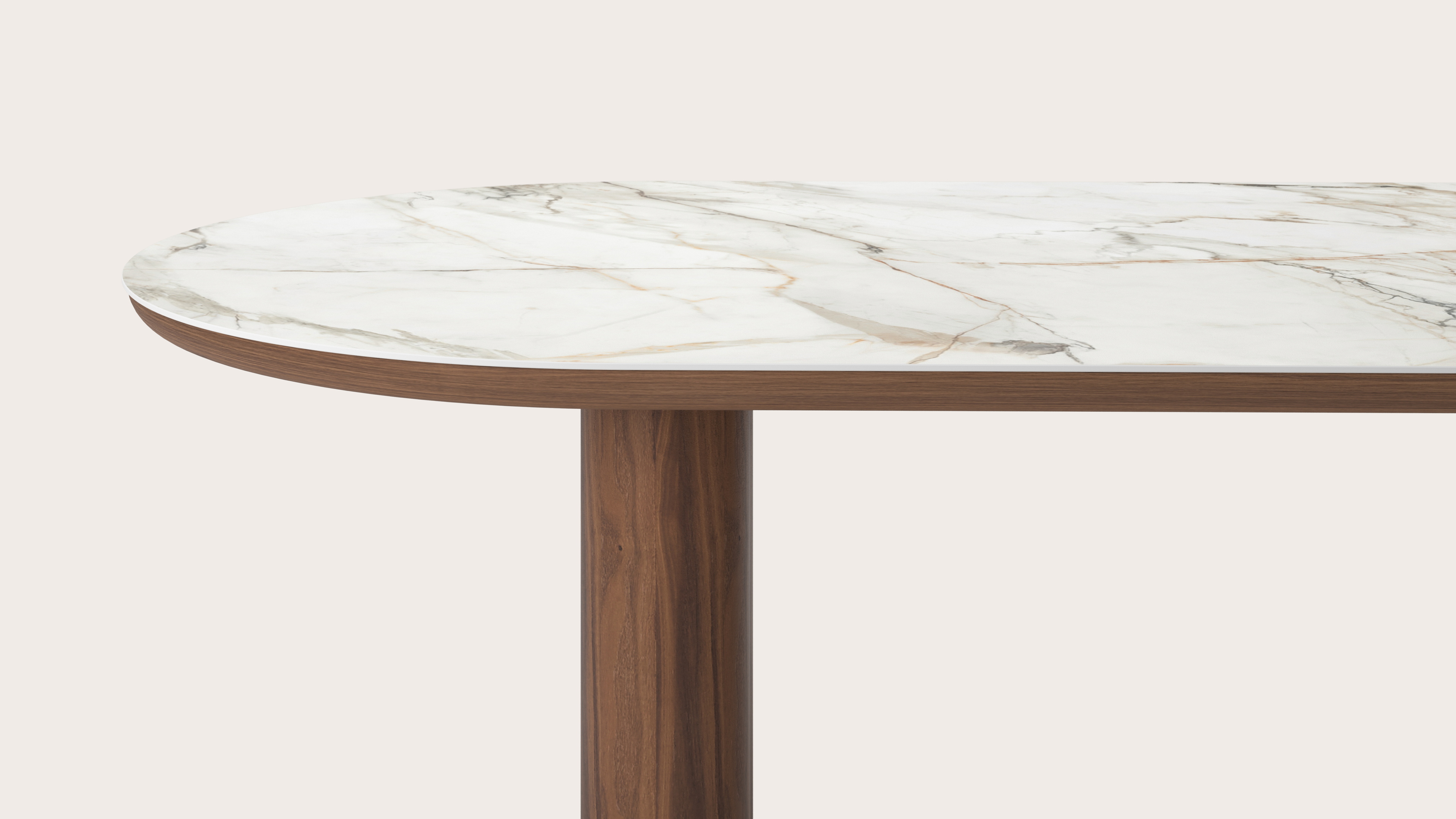 Table de salle à manger Amato Rondo armature en noyer avec plateau Ceramo ovale plat en céramique en couleur Calacatta Luxe 260 x 115 x 76 cm