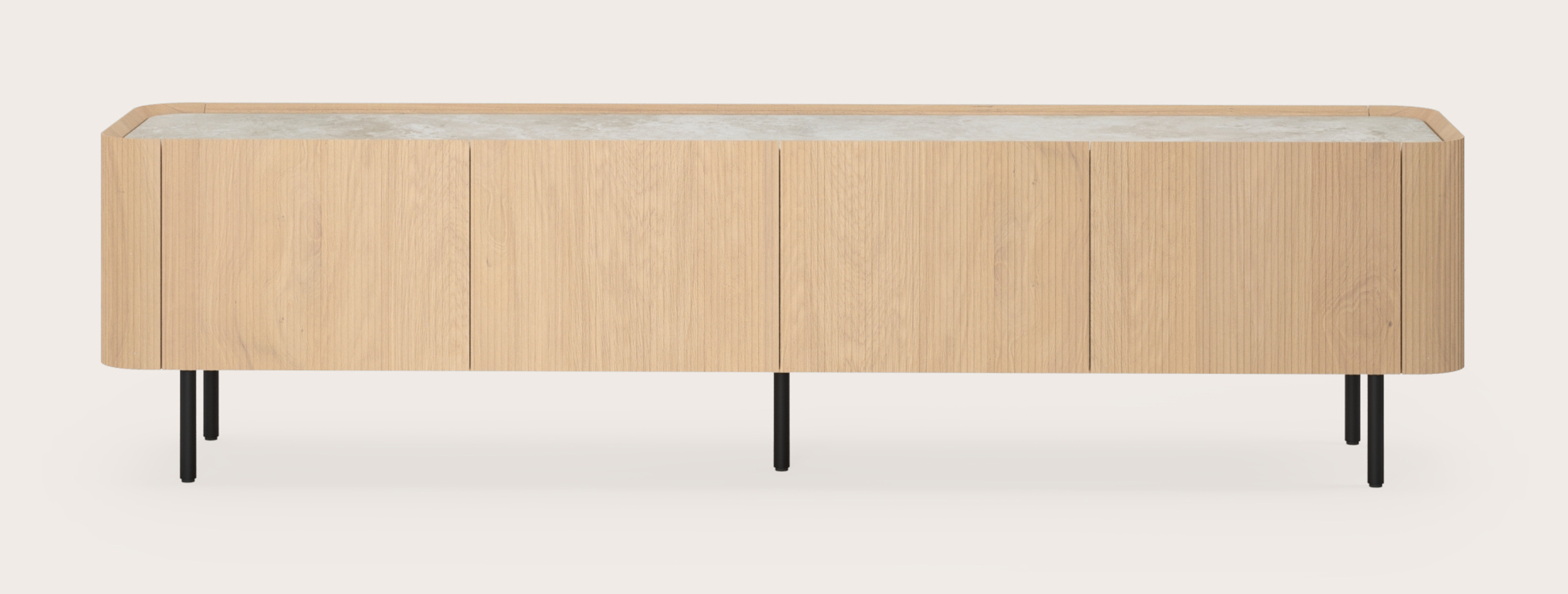 Meuble tv Grivato en chêne couleur naturelle avec pieds ronds avec plateau Ceramo rond en céramique en couleur Rapolano 203 x 45 cm