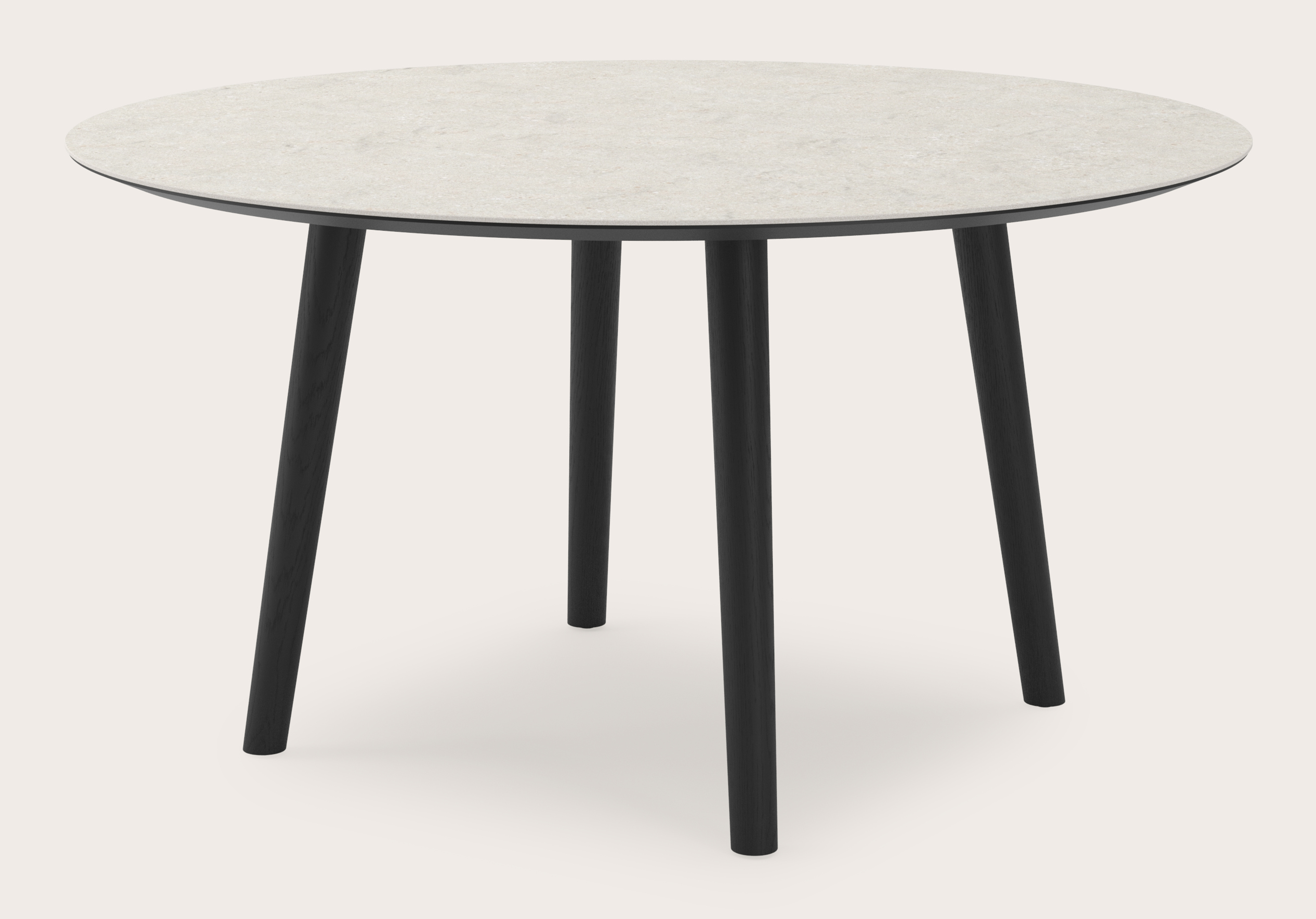 Eettafel Conico onderstel in zwarte eik met rond volkeramisch Ceramo blad in kleur Shilin Ø150 x 77 cm