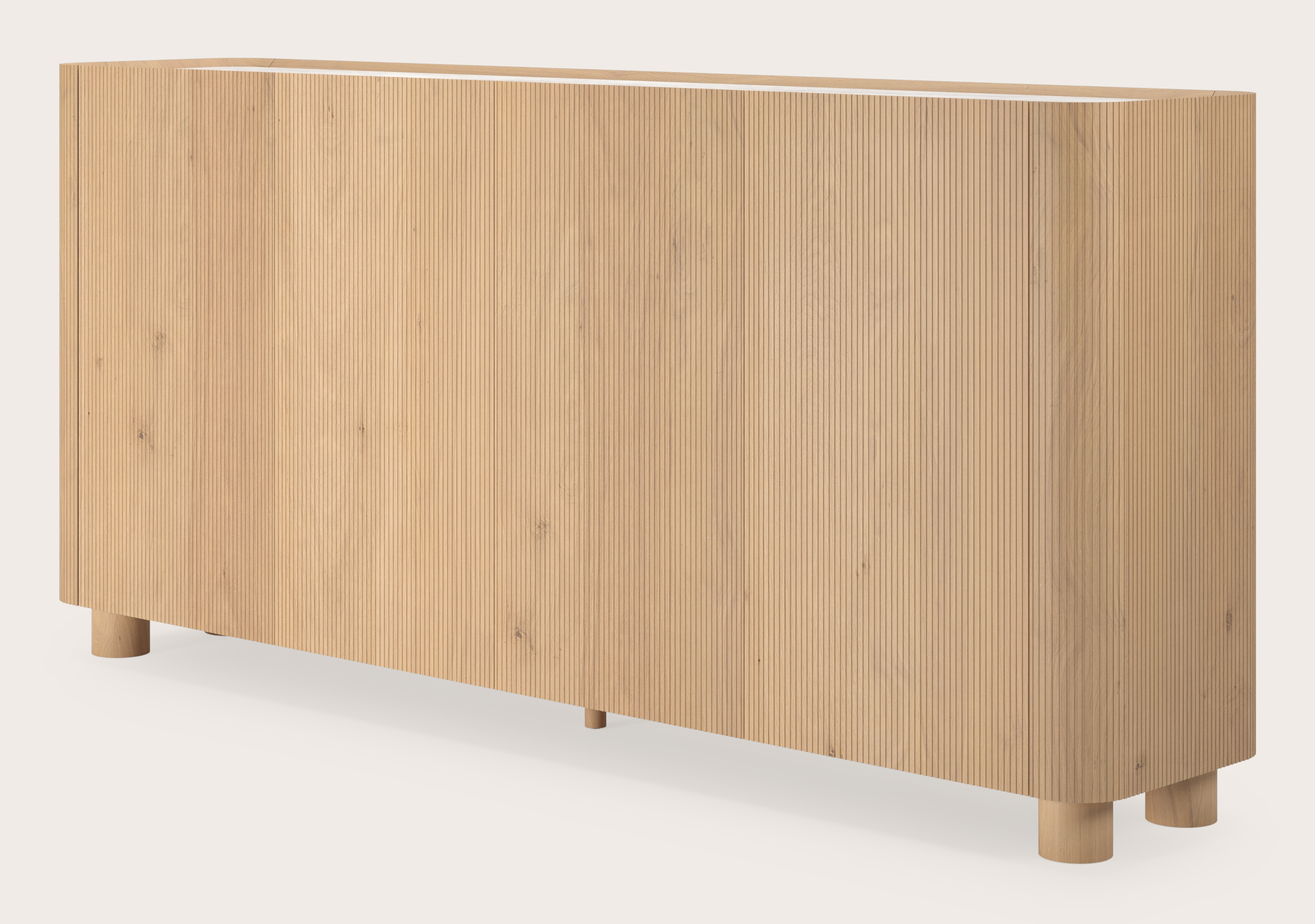 Buffet haut Grivato en chêne couleur naturelle avec pieds ronds avec plateau Ceramo rond en céramique en couleur Taj Mahal 219 x 45 cm