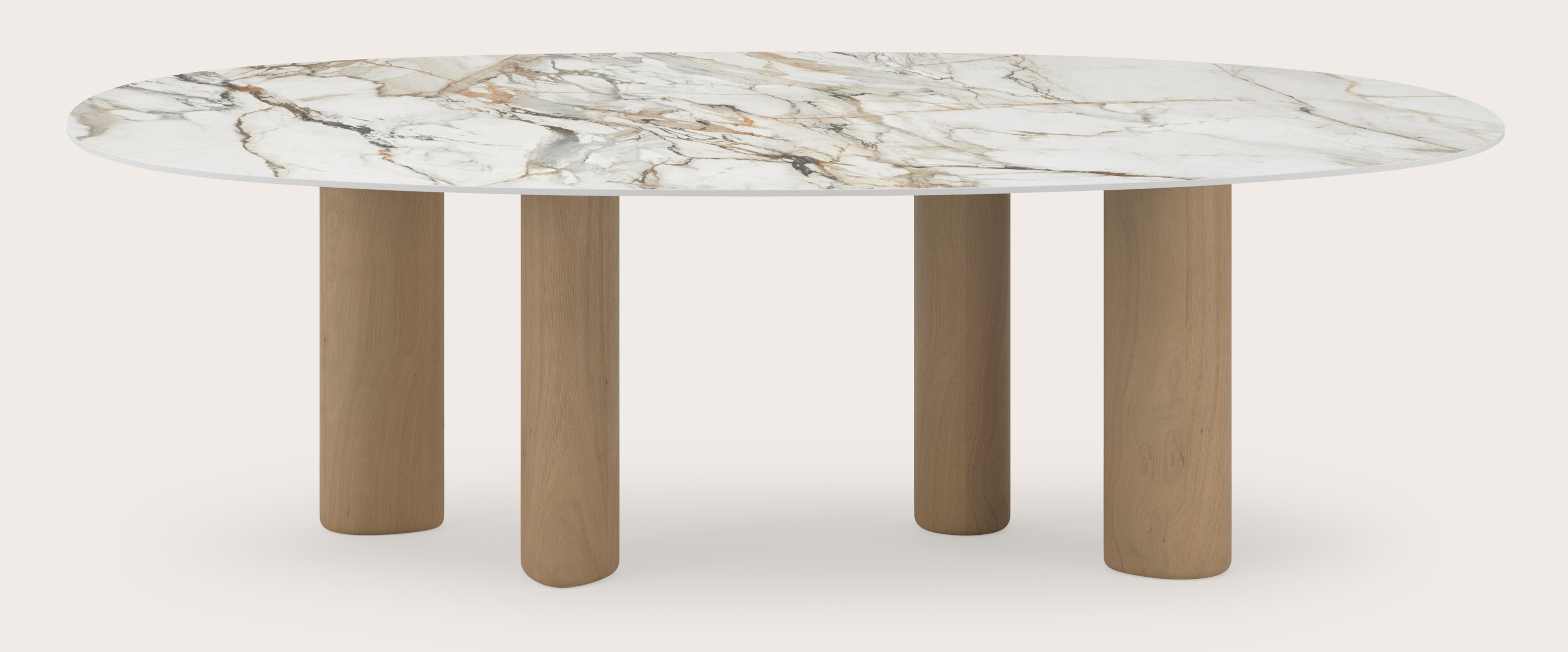 Table à manger Volanto armature en chêne naturel avec plateau ovale organique céramique Ceramo Lux en couleur Calacatta Luxe 260x130 cm