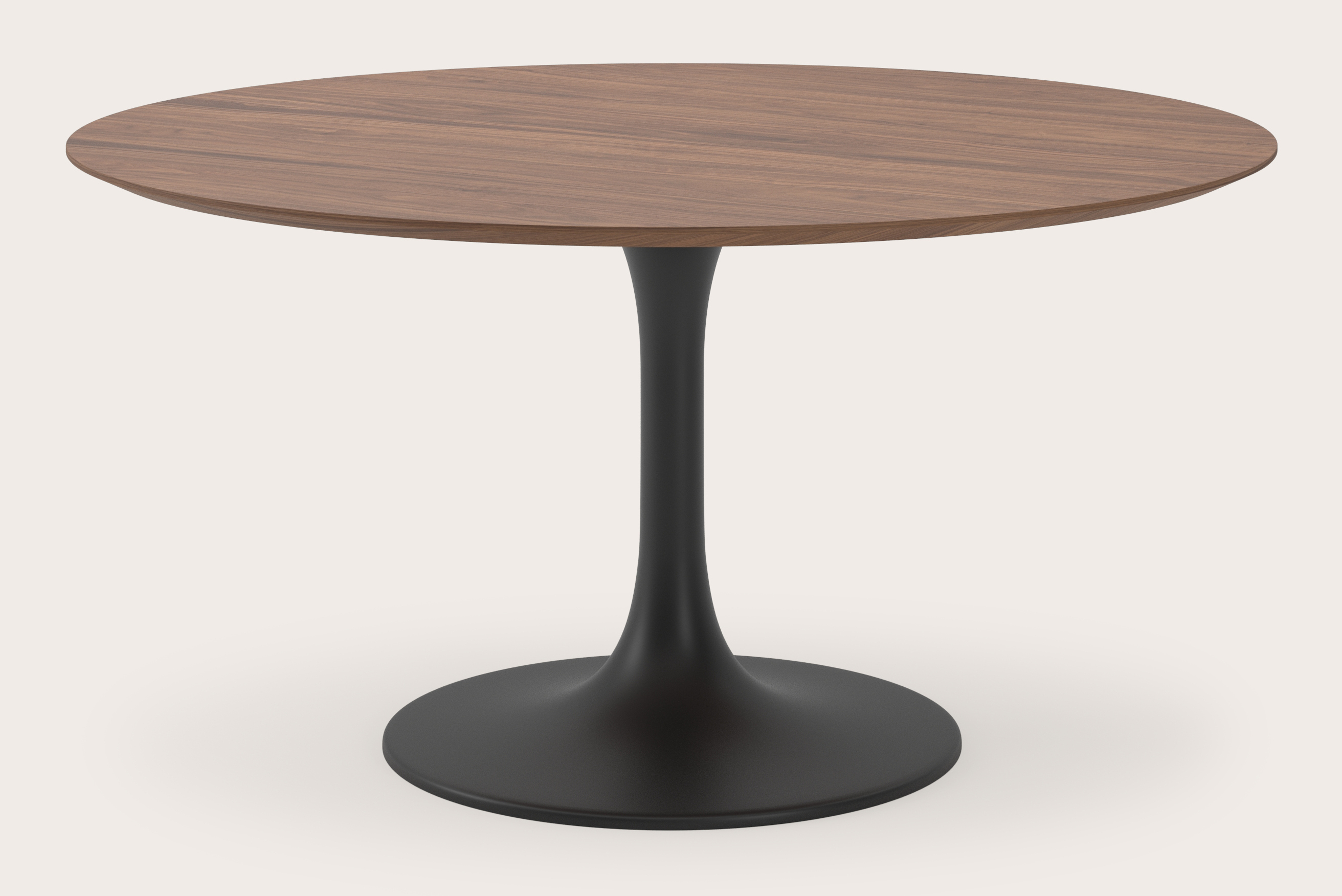Eettafel Tulipo onderstel in zwart metaal met rond Finesso blad in walnoot Ø150 x 76.80 cm