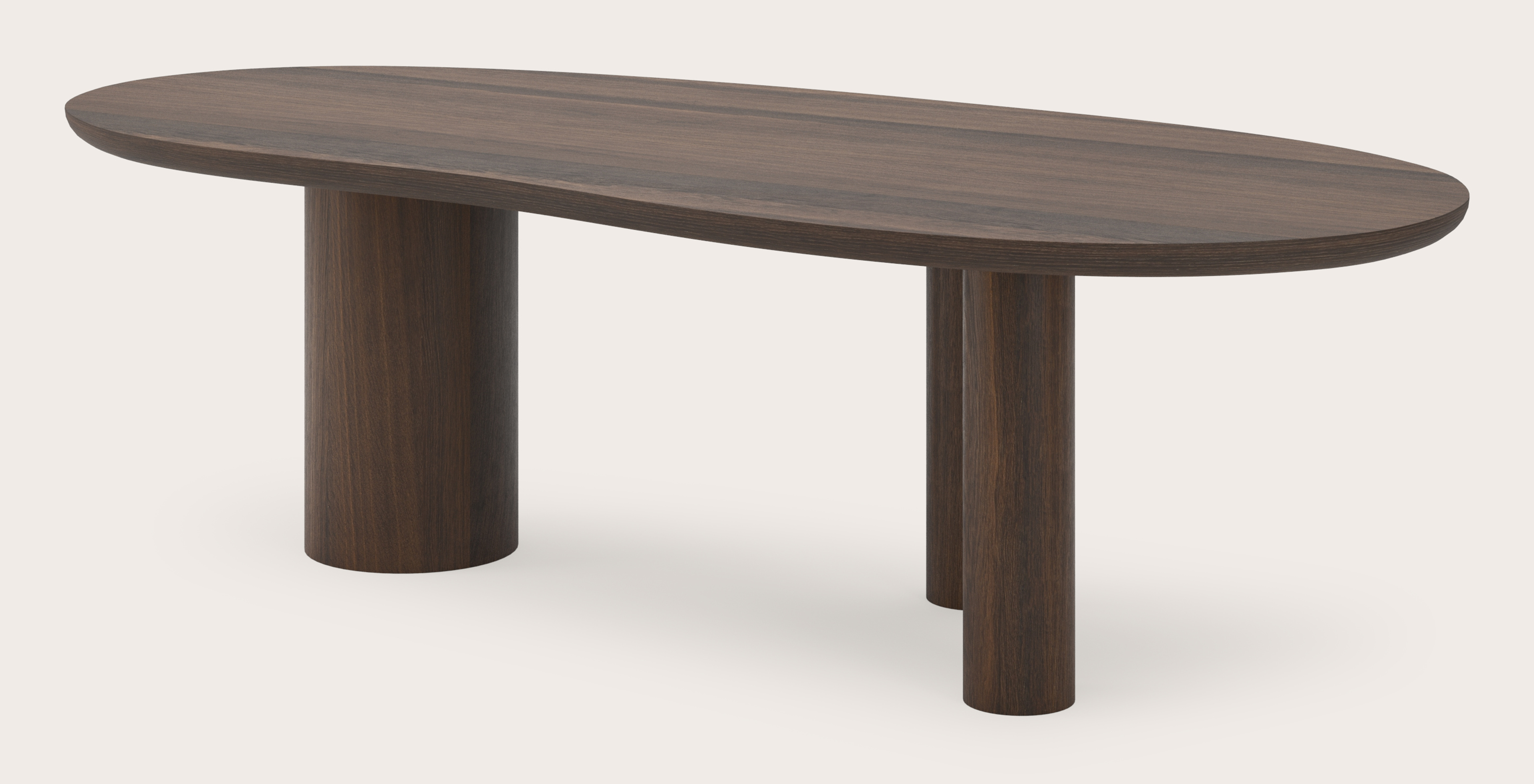 Eettafel Amato Rondo onderstel met blobvormig Amato blad in gerookte eik  260 x 117 x 76 cm