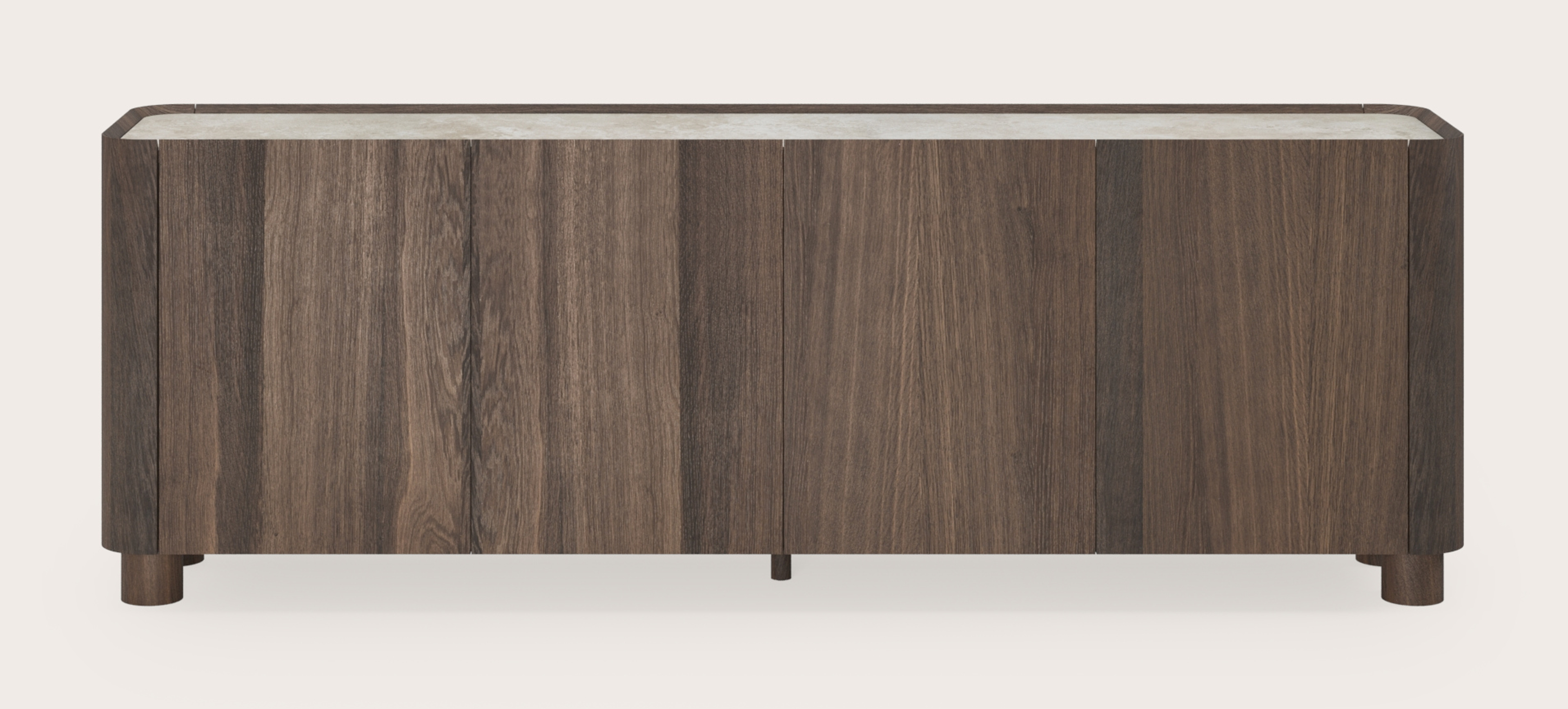 Buffet Curvato en chêne fumé avec pieds ronds en bois avec plateau Ceramo en céramique en couleur Rapolano 219 x 45 x 76 cm