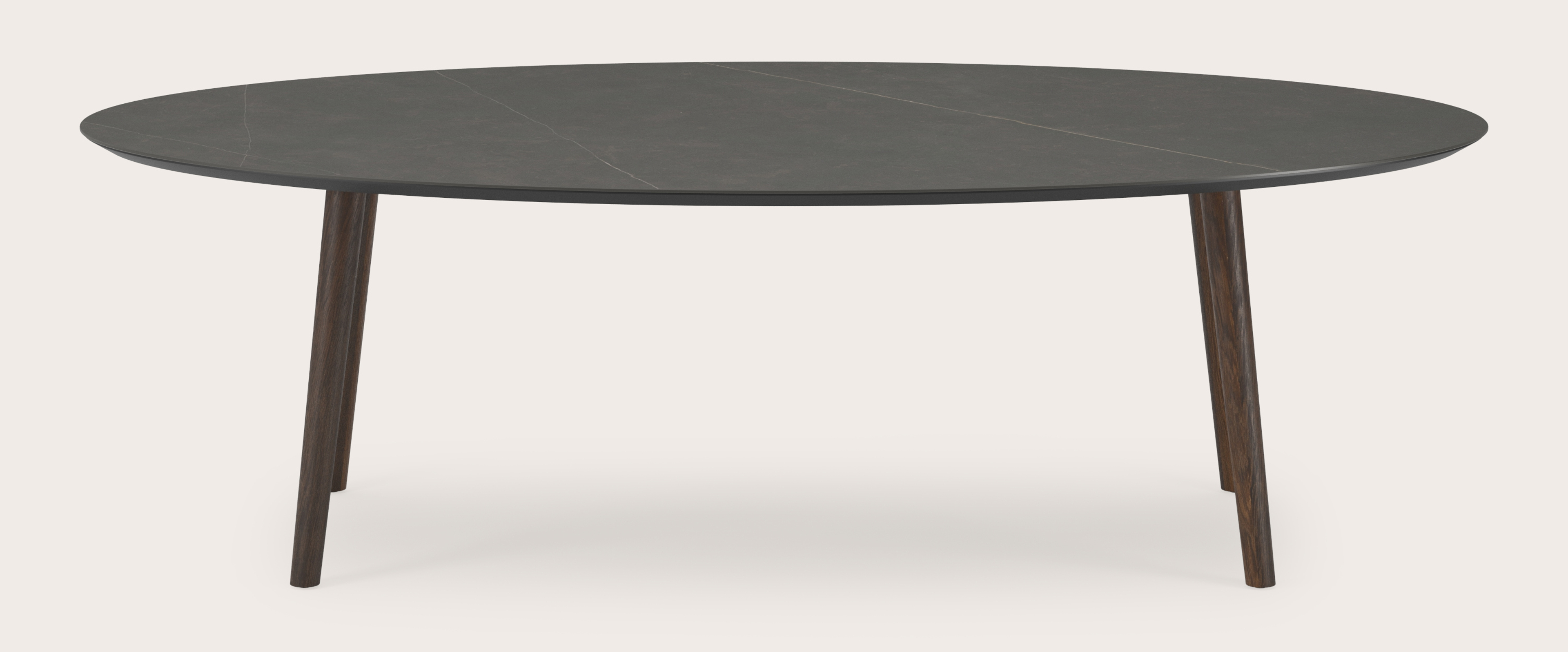 Eettafel Conico onderstel in gerookte eik met ovaal volkeramisch Ceramo blad in kleur Calatorao 260 x 130 x 77 cm