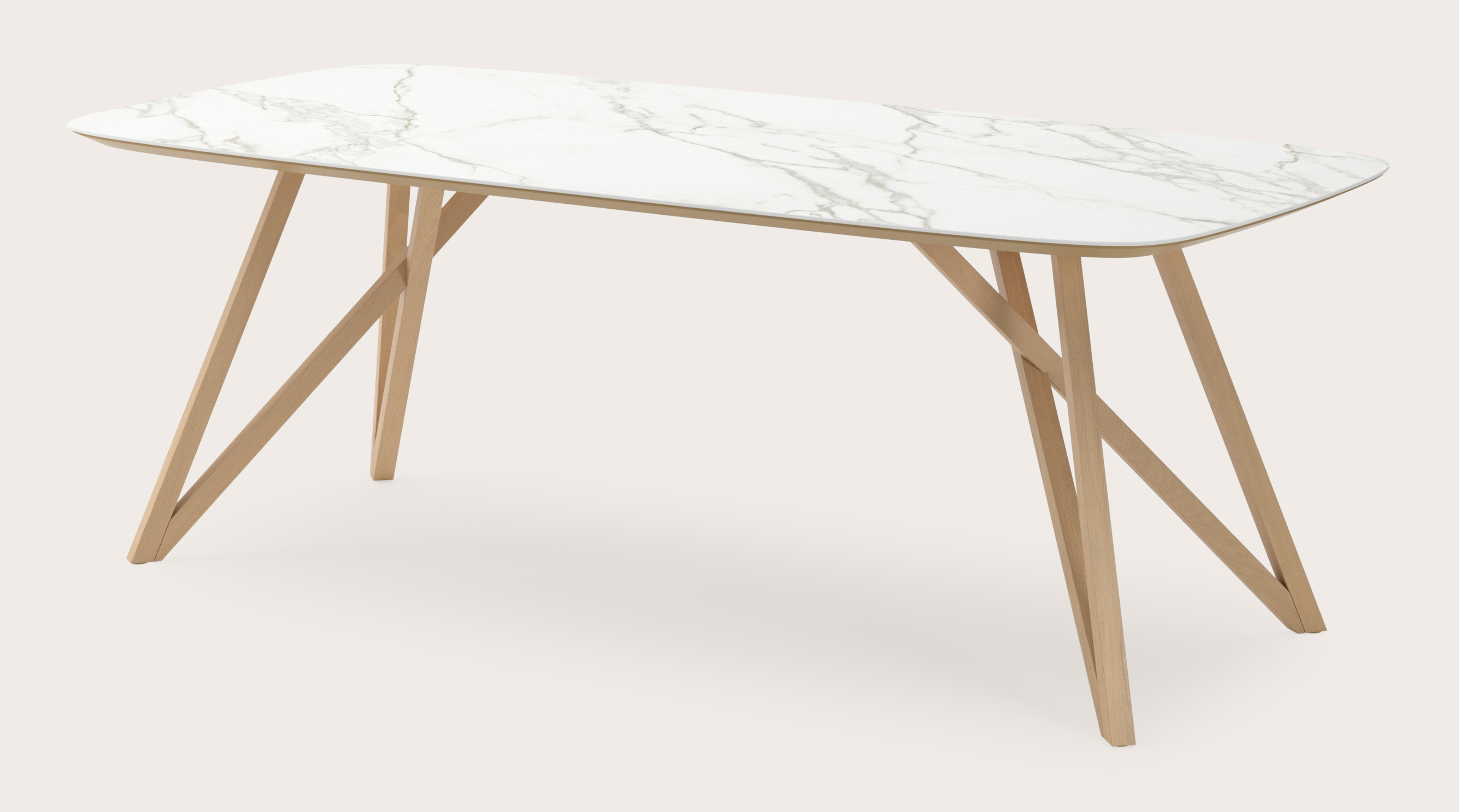 Table de salle à manger Ragno armature en chêne couleur naturelle avec plateau Ceramo forme arrondi en céramique en couleur Calacatta 220 x 105 x 77 cm