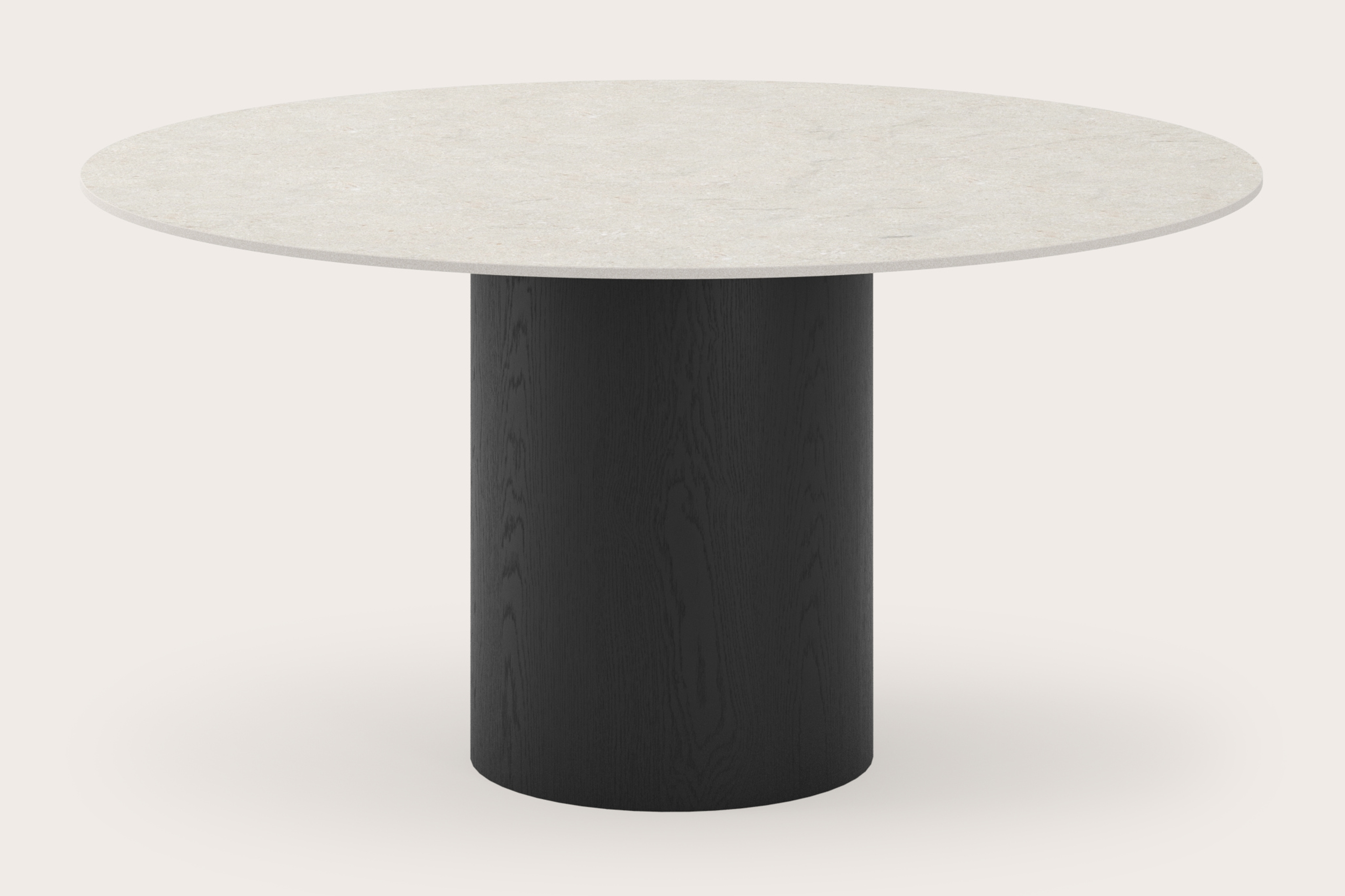 Eettafel low dining Amato Rondo onderstel in zwarte eik met rond volkeramisch Ceramo Lux blad in kleur Shilin Ø140 x 69 cm