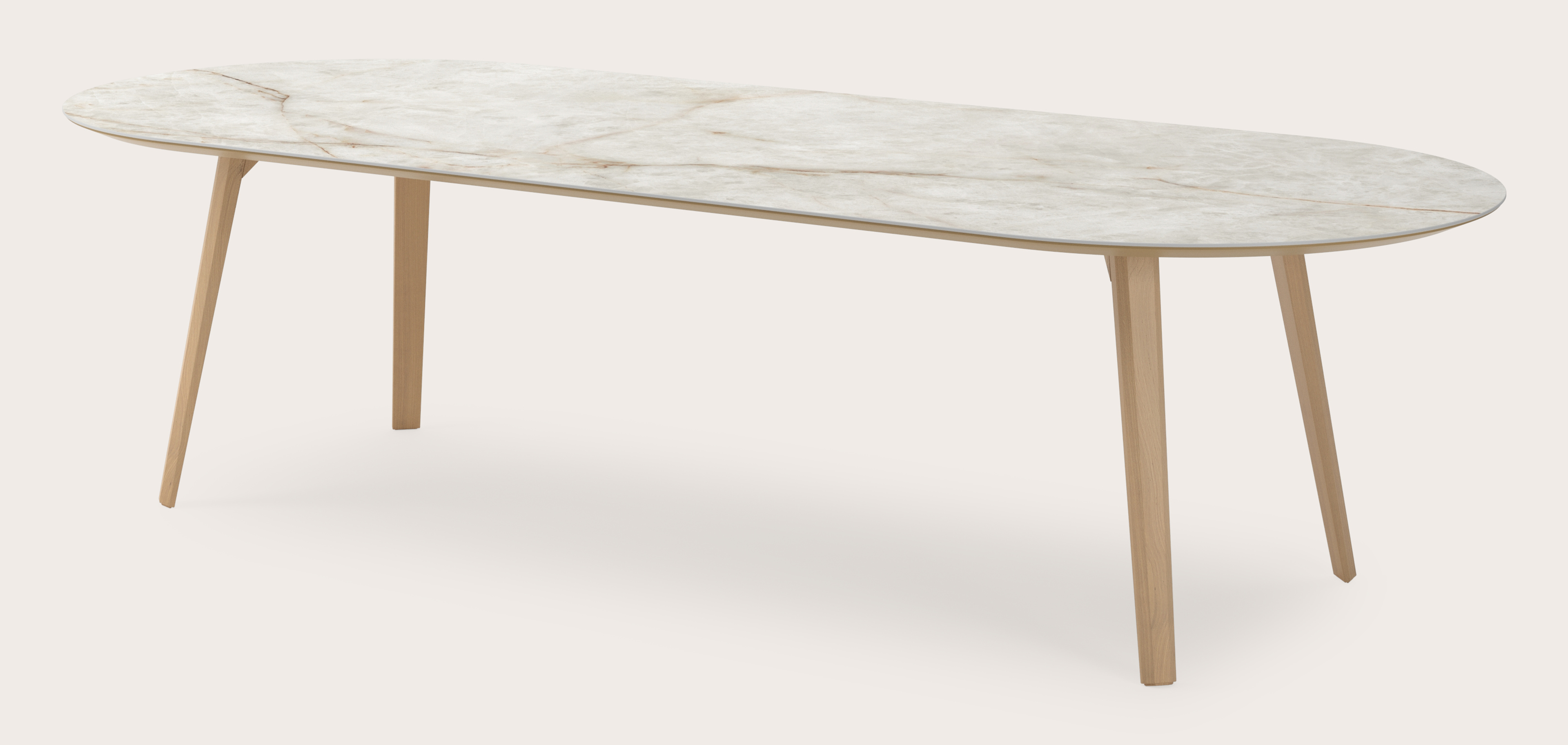 Eettafel Clino onderstel in natuurkleurige eik met plat ovaal volkeramisch Ceramo blad in kleur Himalaya 300 x 120 x 77 cm