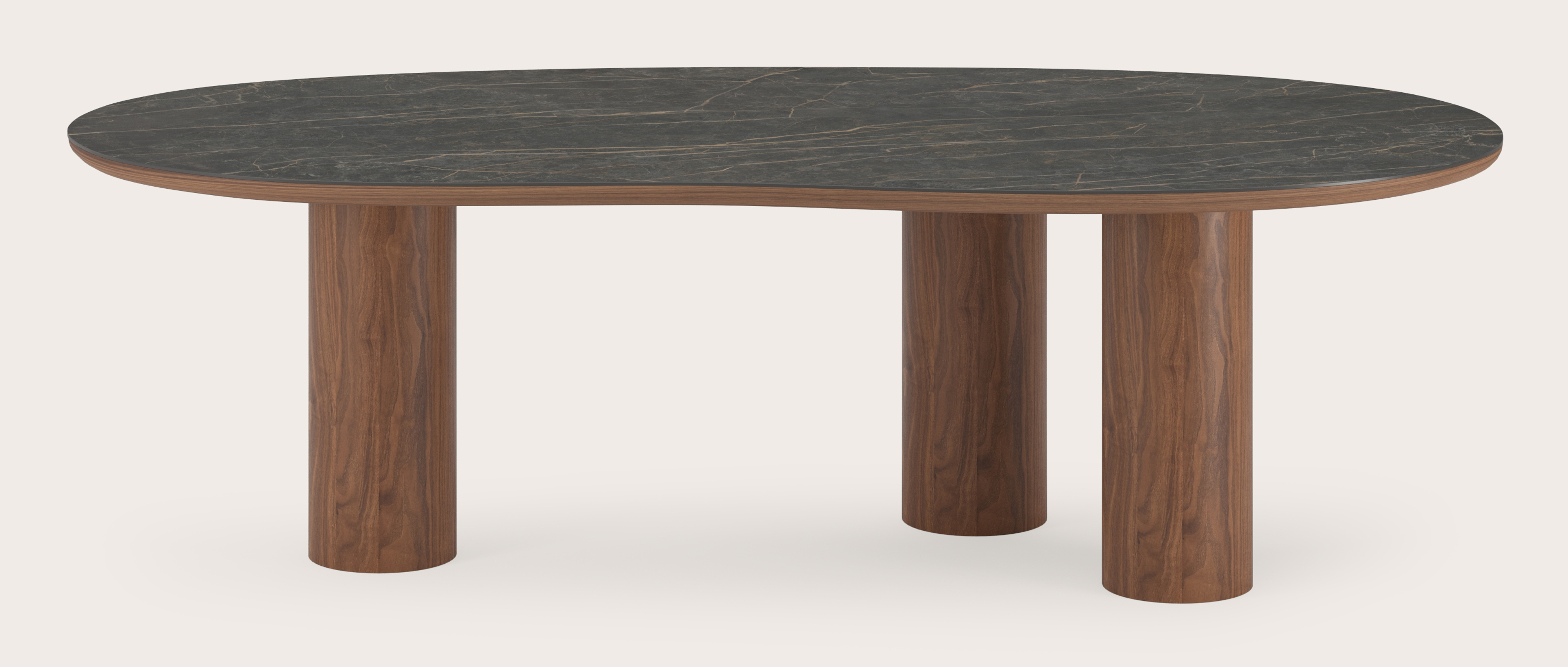 Table de salle à manger Amato Rondo armature en noyer avec plateau Ceramo forme blob en céramique en couleur Black Obsession 260 x 117 x 77 cm