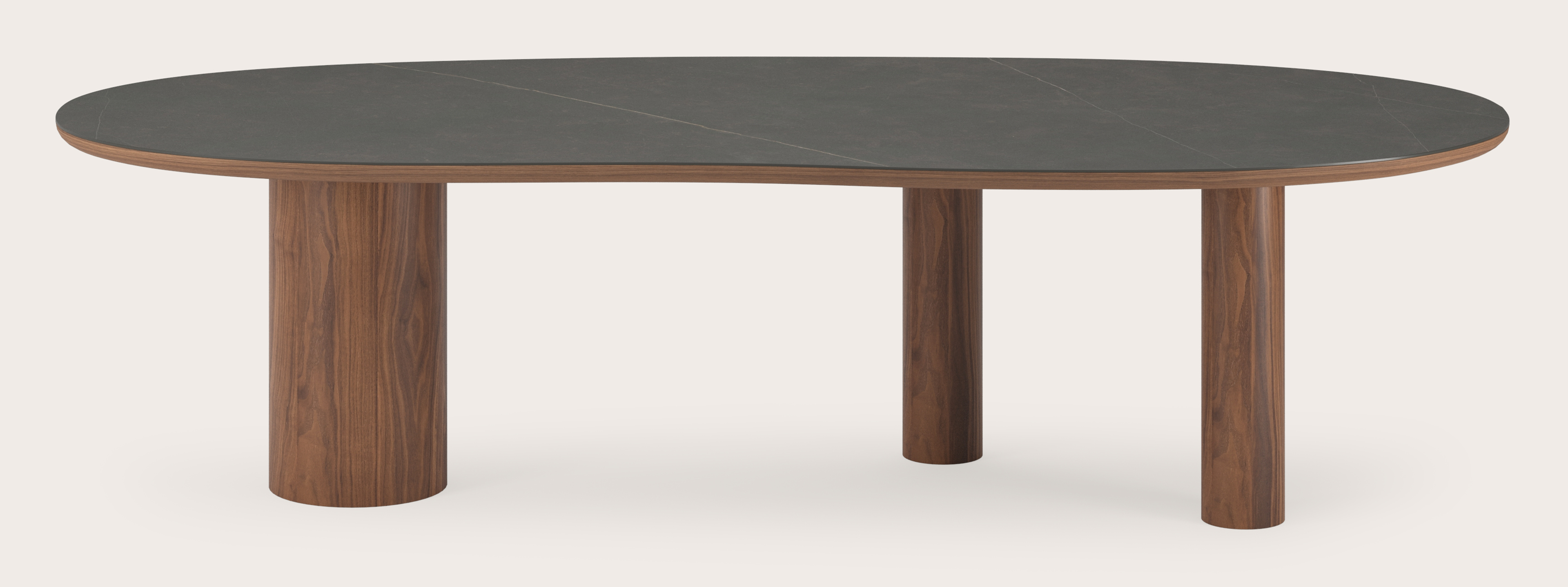 Eettafel Amato Rondo onderstel in walnoot met Blobvormig volkeramisch Ceramo blad in kleur Calatorao 300 x 122 x 77 cm