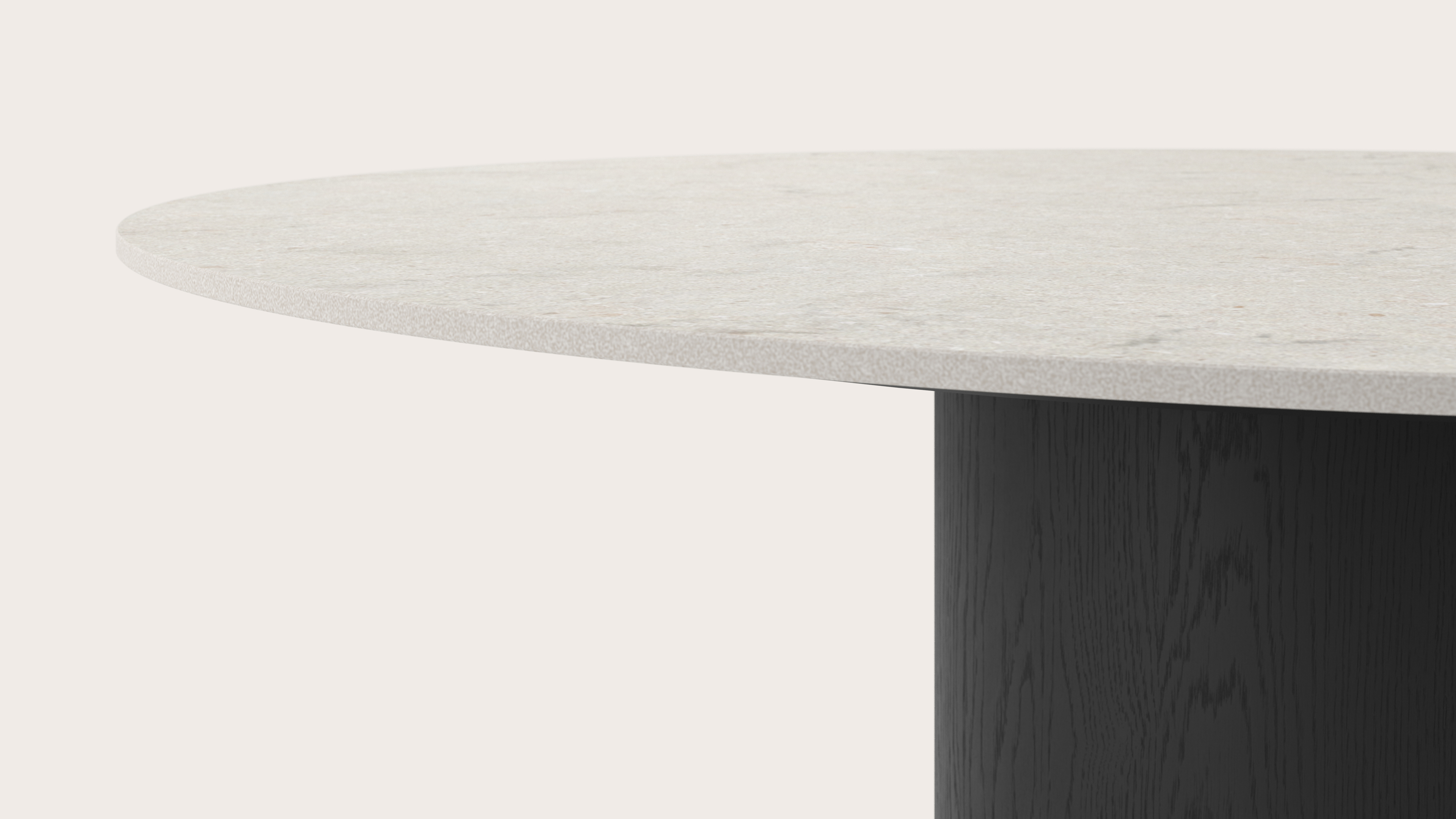Eettafel low dining Amato Rondo onderstel in zwarte eik met rond volkeramisch Ceramo Lux blad in kleur Shilin Ø140 x 69 cm