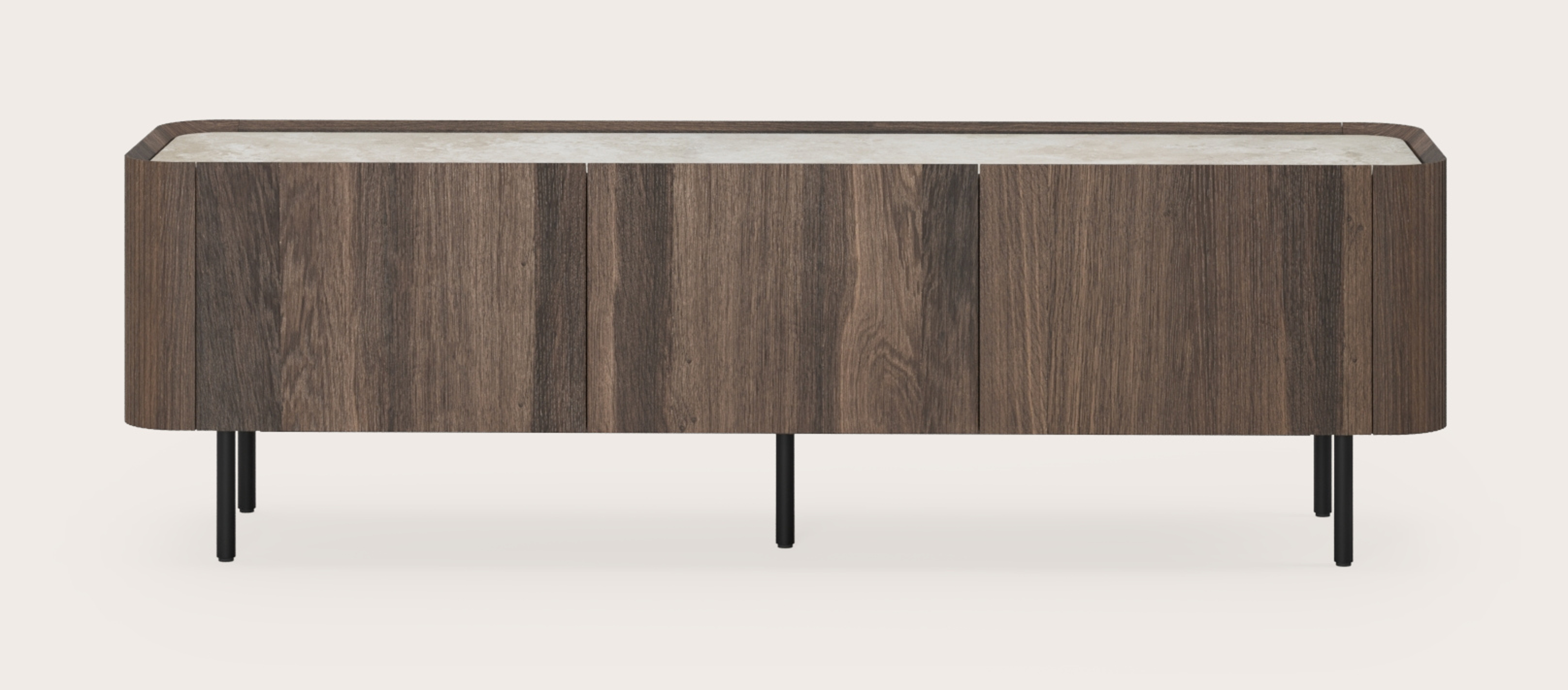 Meuble tv Grivato en chêne fumé avec pieds ronds avec plateau Ceramo rond en céramique en couleur Rapolano 169 x 45 cm