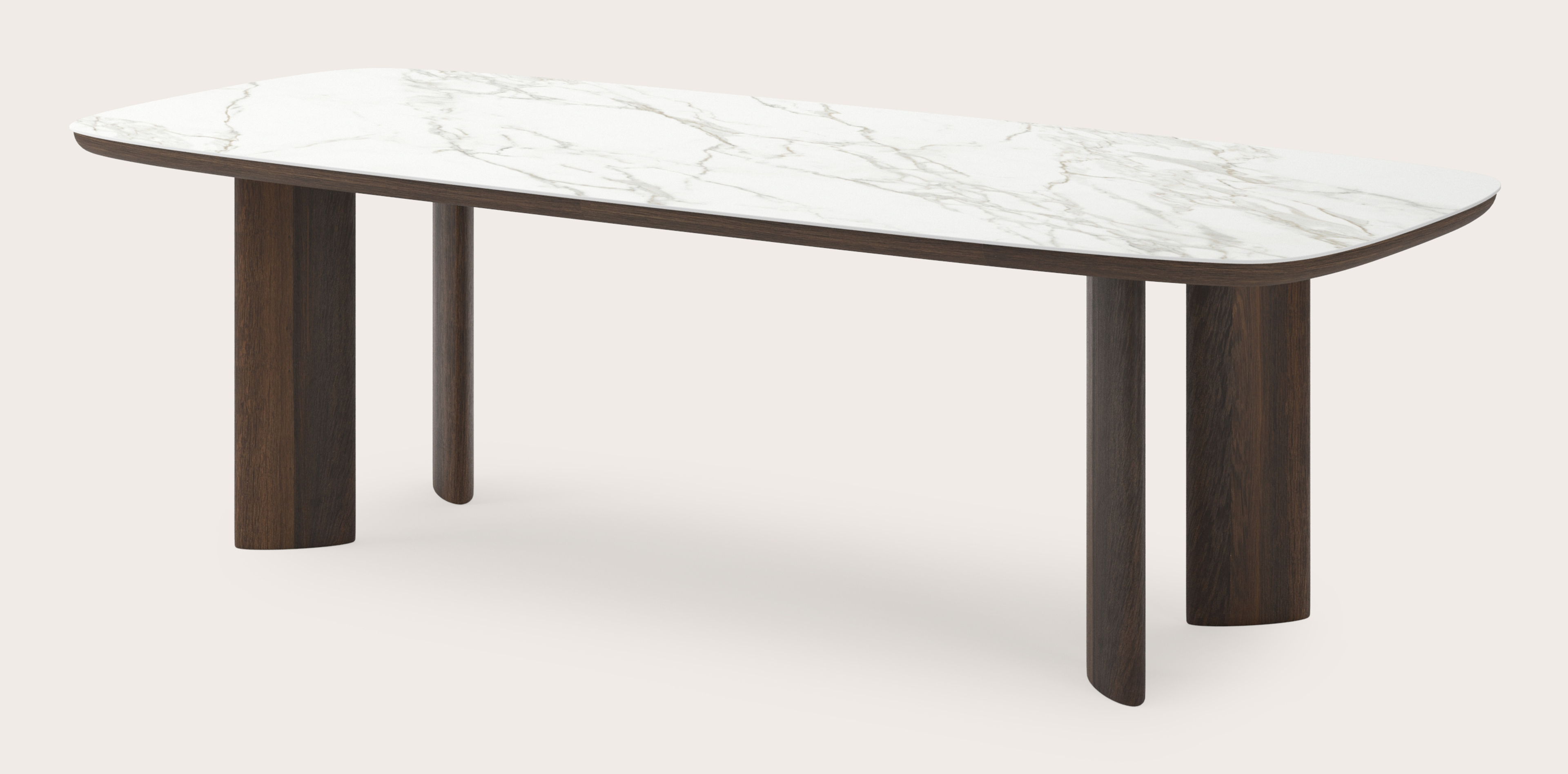 Eettafel Amato Ellipso onderstel in gerookte eik met bootvormig volkeramisch Ceramo blad in kleur Calacatta 260 x 110 x 76 cm