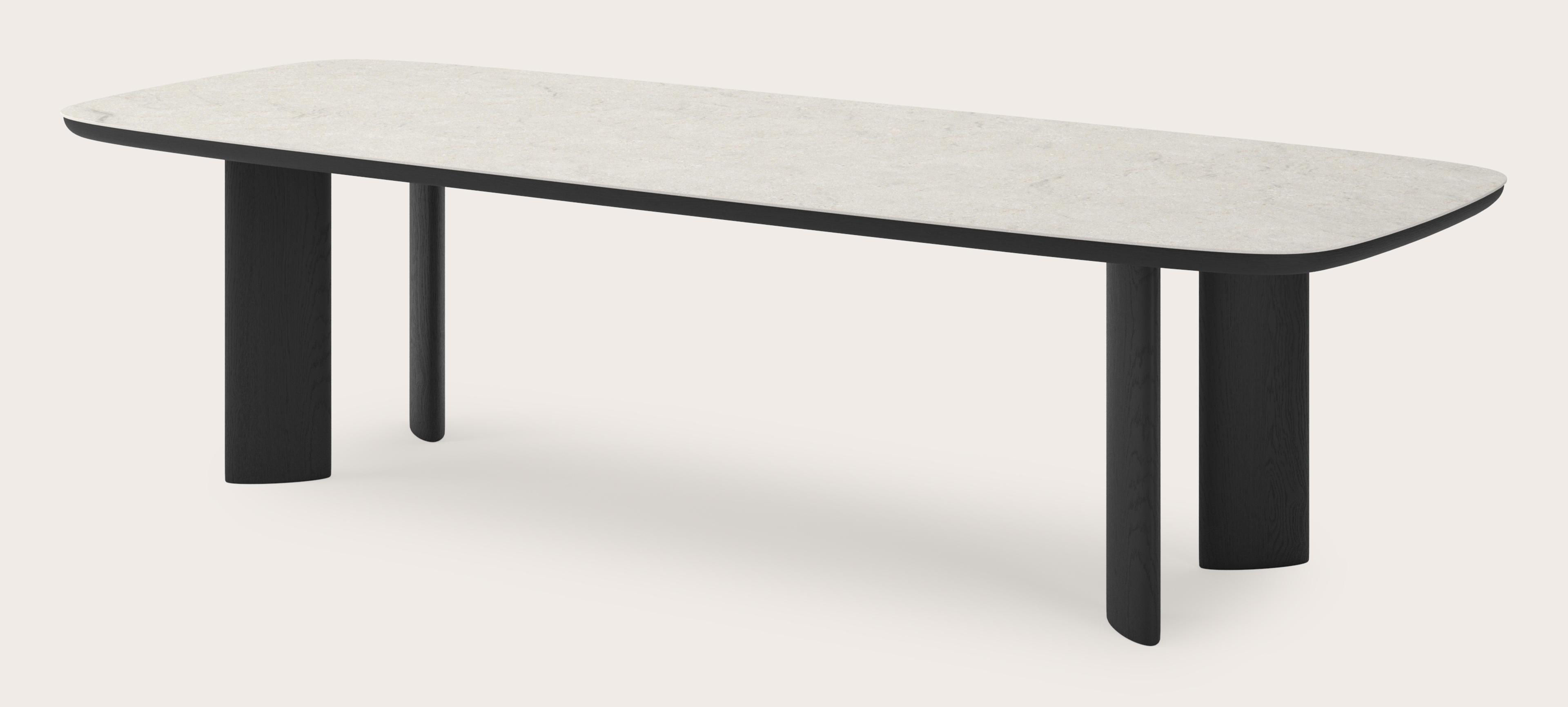 Eettafel Amato Ellipso onderstel in zwarte eik met bootvormig volkeramisch Ceramo blad in kleur Shilin 300 x 115 x 76 cm