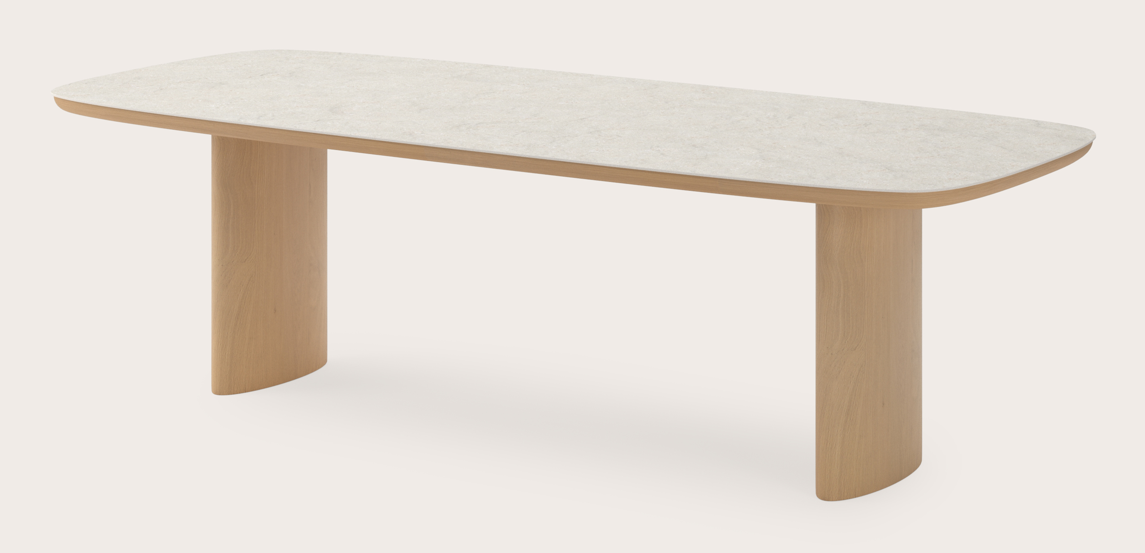 Table de salle à manger Amato Ellipso armature en chêne couleur naturelleavec plateau Ceramo forme arrondie en céramique en couleur Shilin 260 x 110 x 76 cm