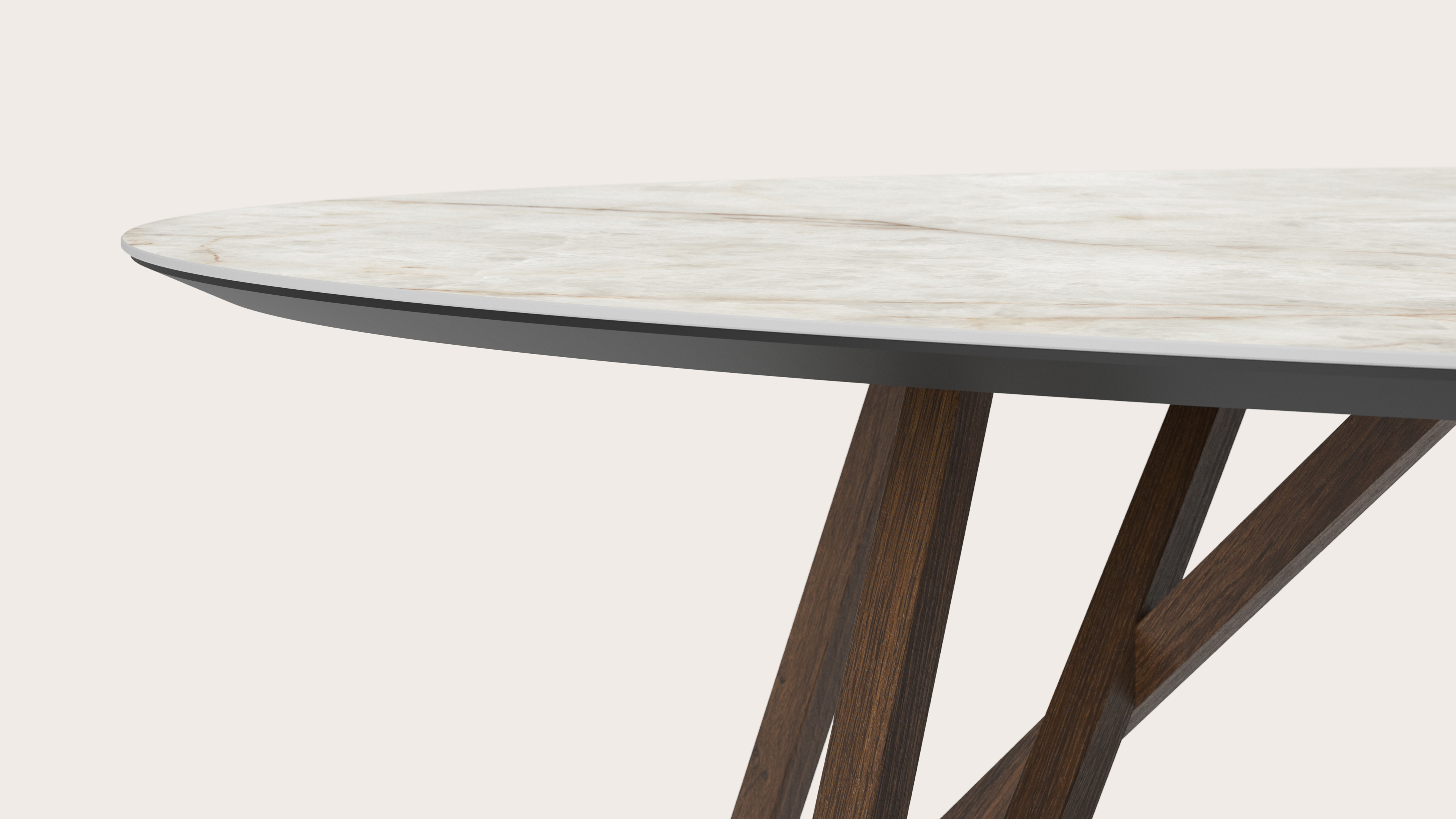 Table de salle à manger Ragno armature en chêne fumé avec plateau Ceramo ovale en céramique en couleur Himalaya 300 x 140 x 77 cm