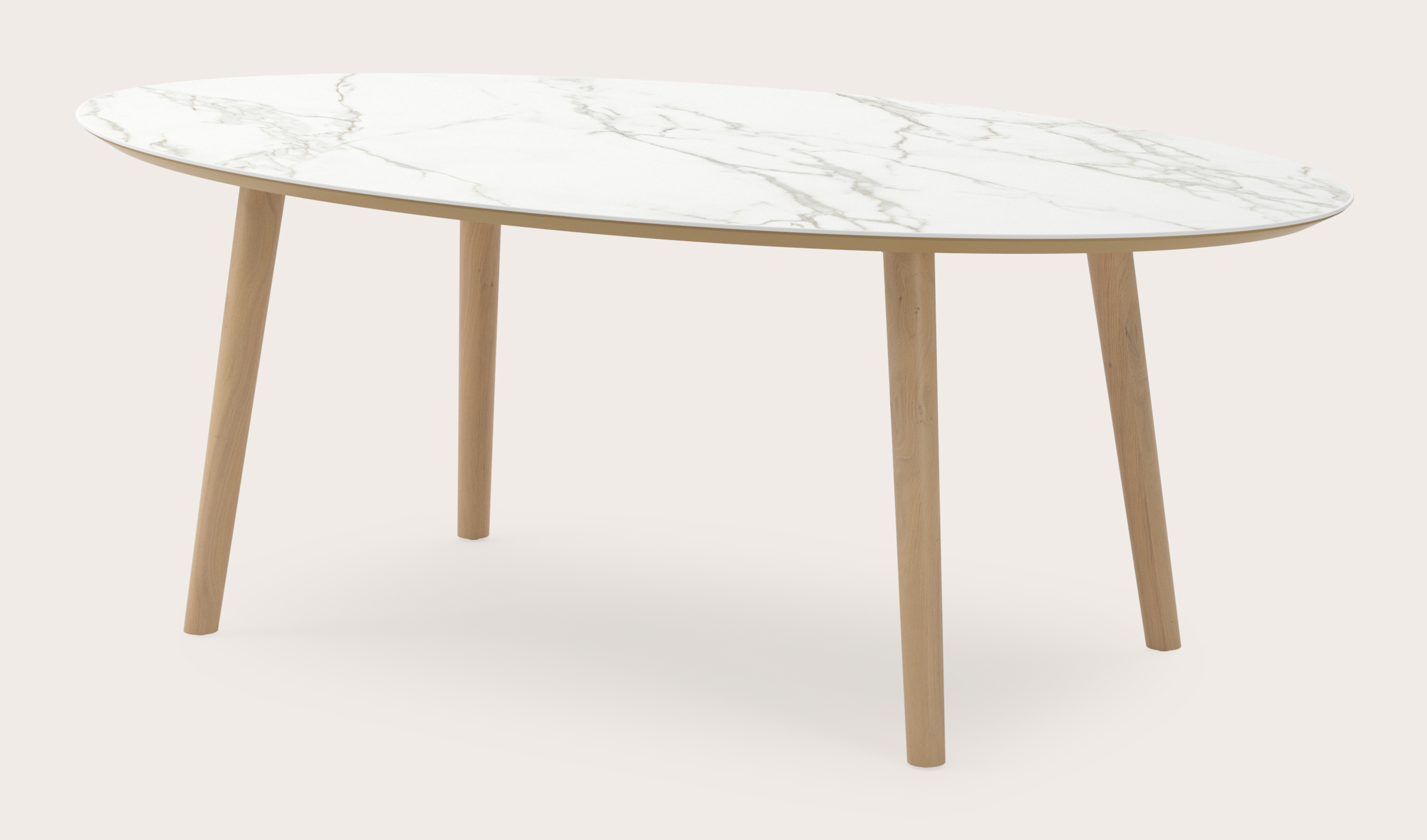 Eettafel Conico onderstel in natuurkleurige eik met ovaal volkeramisch Ceramo blad in kleur Calacatta 220 x 120 x 77 cm
